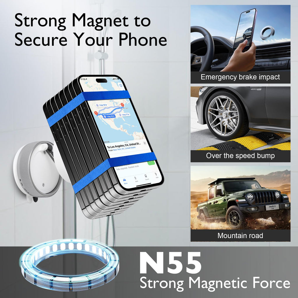 CornrStr 360° Vacuum Magnetic Phone Holder Compatible w/Magsafe- Foldable Hands-Free Mount for Dashboard/Shower/Mirror/Car/Travel/Gym/, Portable, Reusable Instant Suction, Fits iPhone & Android