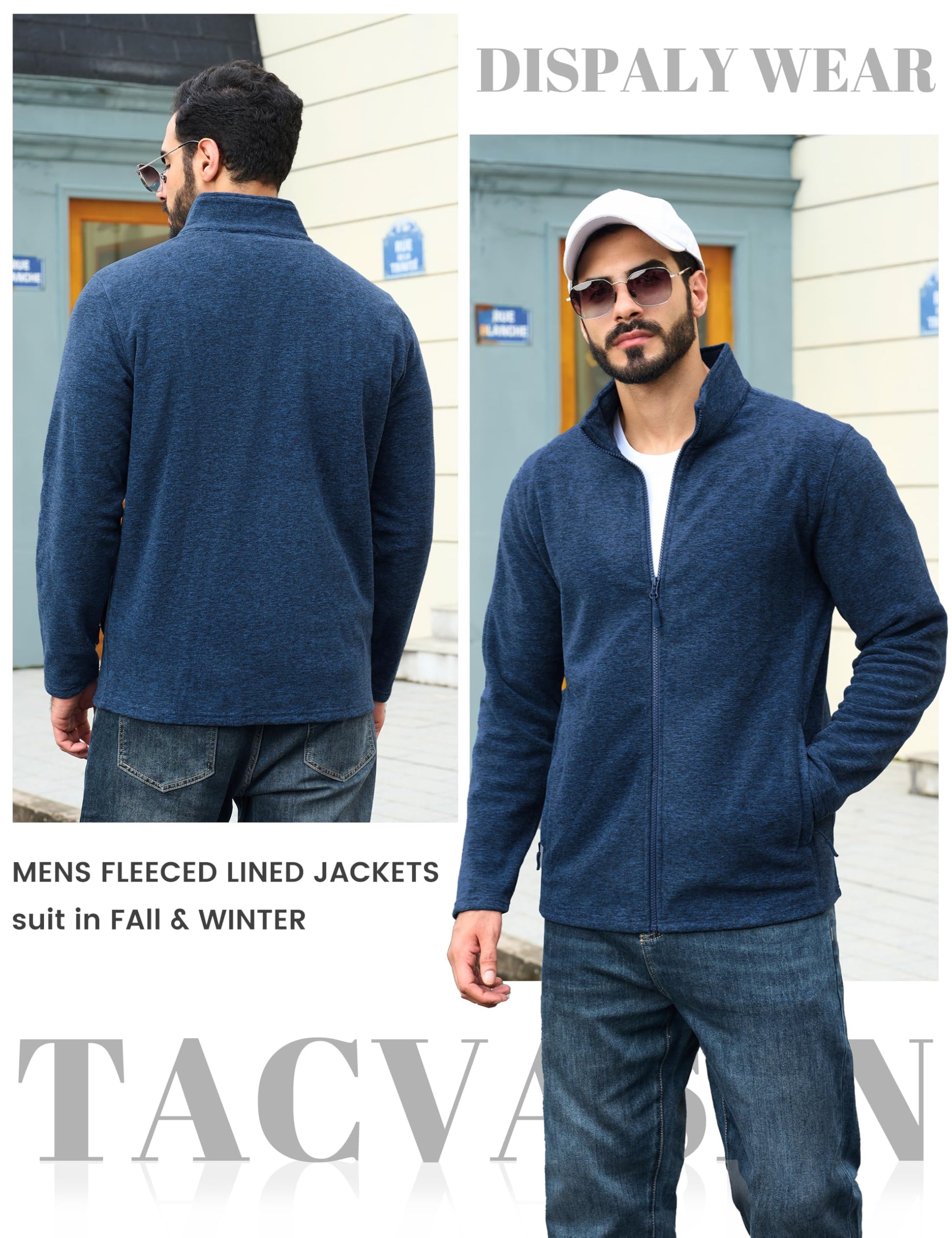 TACVASEN Mens Fleece Jacket for Pullover Lightweight Sweaters Zip Up Warm Jackets Casual Stylish Blue, L