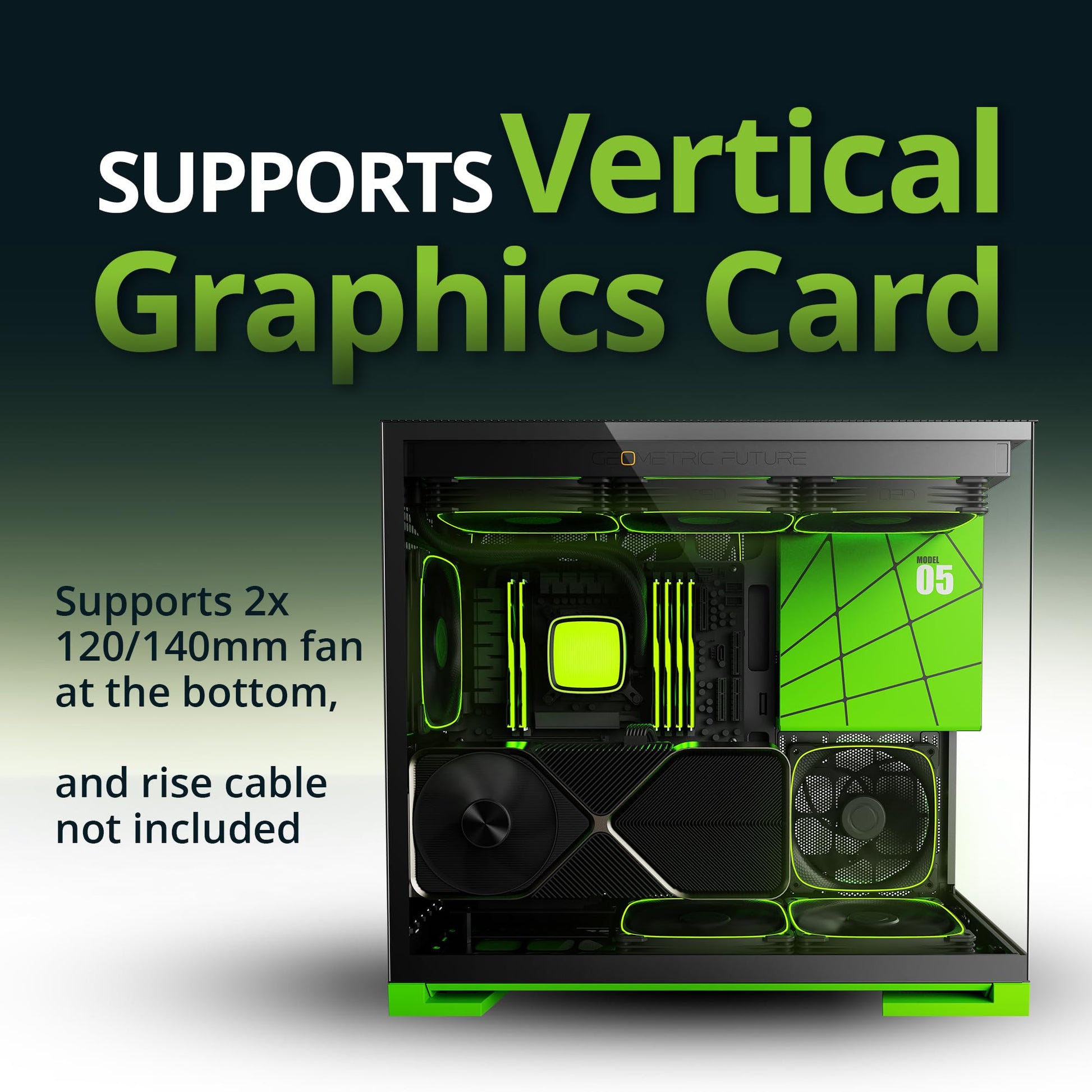 Geometric Future M5 Tempered Glass Mid Tower, E-ATX/ATX Gaming Case, 1.2mm Steel, Type C, Toolless Panels, Support 420/360 Radiator, ARGB PWM 140m Fan x 5 Pre-Installed, Black/Green, GEO-M5F-BNY