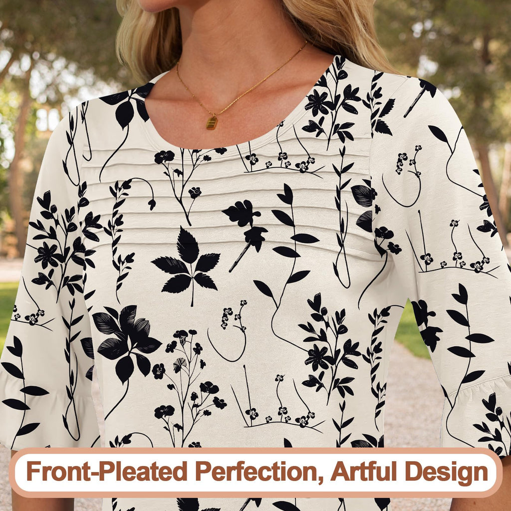 Blingfit Womens 3/4 Sleeve Floral Blouses Shirts for Women Trendy Ruffle Dress Shirts Lightweight Tunics Business Casual Work Tops Large