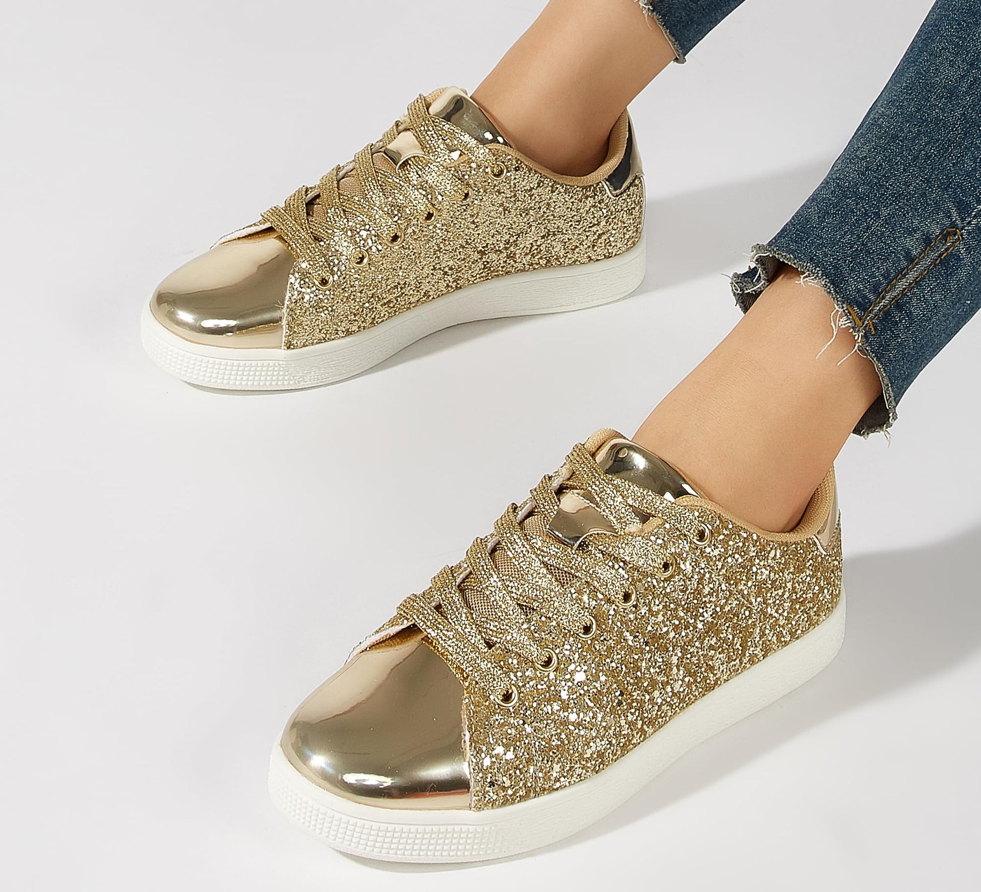 LUCKY STEP Glitter Sneakers Lace up | Fashion Sneakers | Sparkly Shoes for Women (All Gold,10 B(M) US)