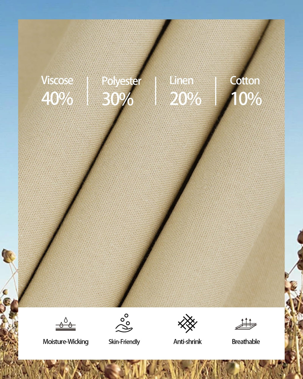 DOWMQ Mens Linen Pants Casual Elastic Waist Drawstring Pants Loose Straight Linen Pant Beach Trousers with 4 Pockets Khaki, M