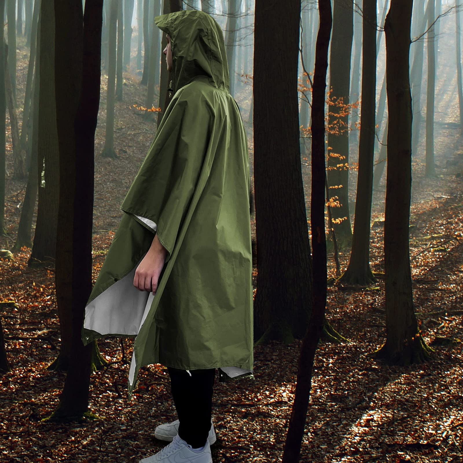 ANYOO Hooded Rain Poncho for Adults Waterproof Lightweight Rain Coats for Men Women Reusable Rain Jacket for Emergency Camping Outdoor Activities(Army Green) One Size