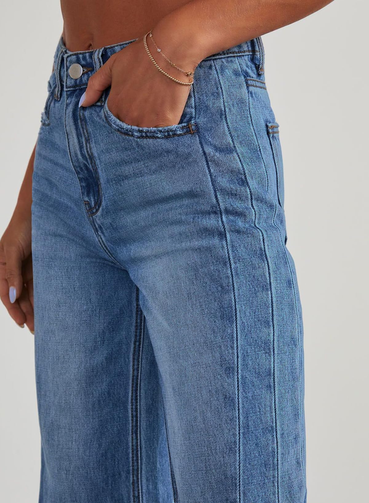 Sidefeel Women's Wide Leg Jeans High Waisted Stretchy Raw Hem Denim Pants Size 12 Blue