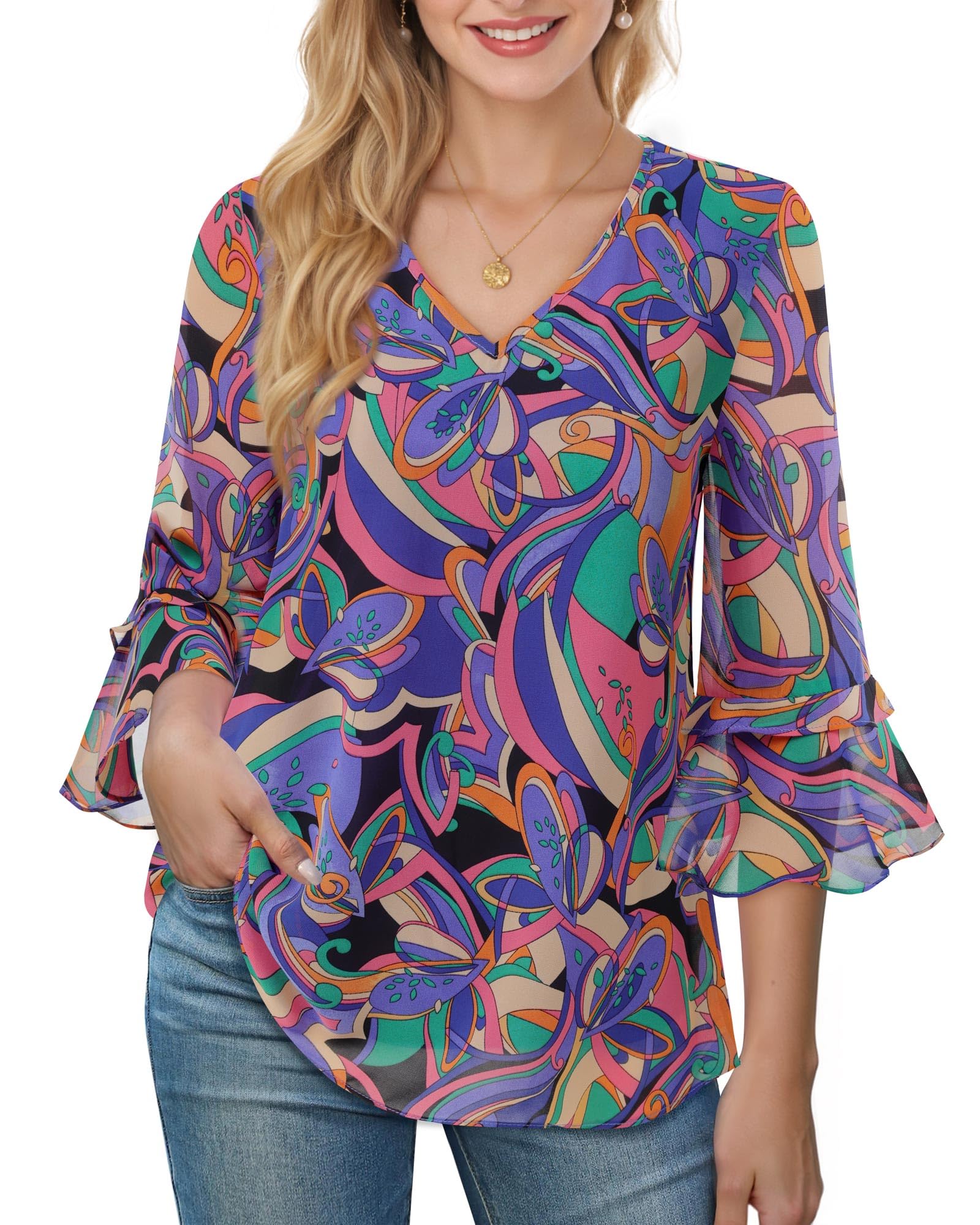 Bebonnie Dress Blouses for Women Elegant: Women's Work Blouses - Dressy Casual Tops Summer Chiffon Blouse Office Attire - Business Casual Tops for Women Plus Size Fancy Geometry M