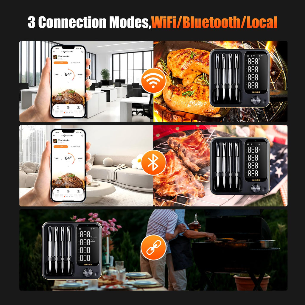 4-Probe WiFi Wireless Meat Thermometer with 360°Readable LCD Standalone Base, WiFi and Bluetooth 5.3 Unlimited Range, IPX8 Waterproof Food Kitchen Thermoemter for BBQ, Grill, Smoker, Oven, Rotisserie