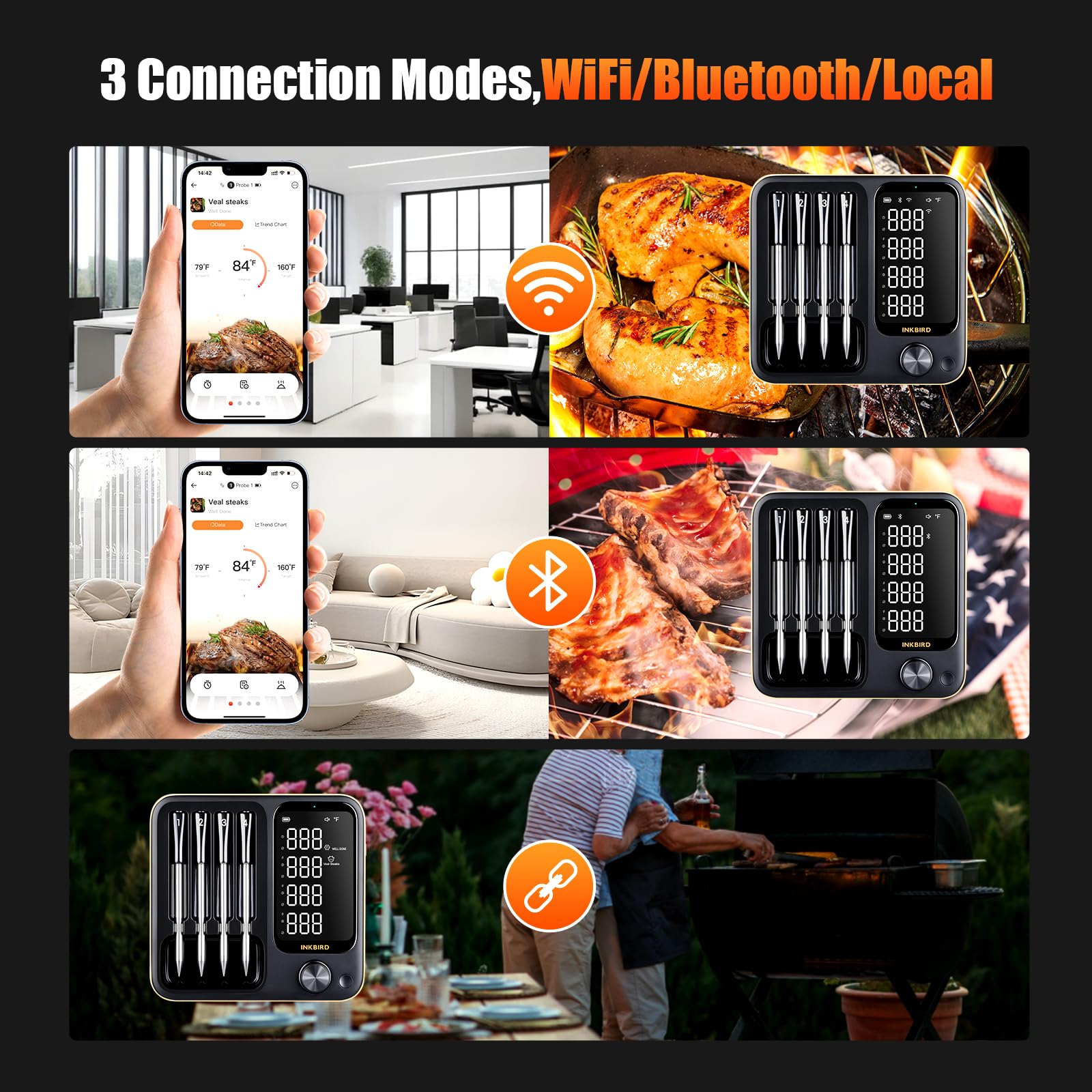 4-Probe WiFi Wireless Meat Thermometer with 360°Readable LCD Standalone Base, WiFi and Bluetooth 5.3 Unlimited Range, IPX8 Waterproof Food Kitchen Thermoemter for BBQ, Grill, Smoker, Oven, Rotisserie