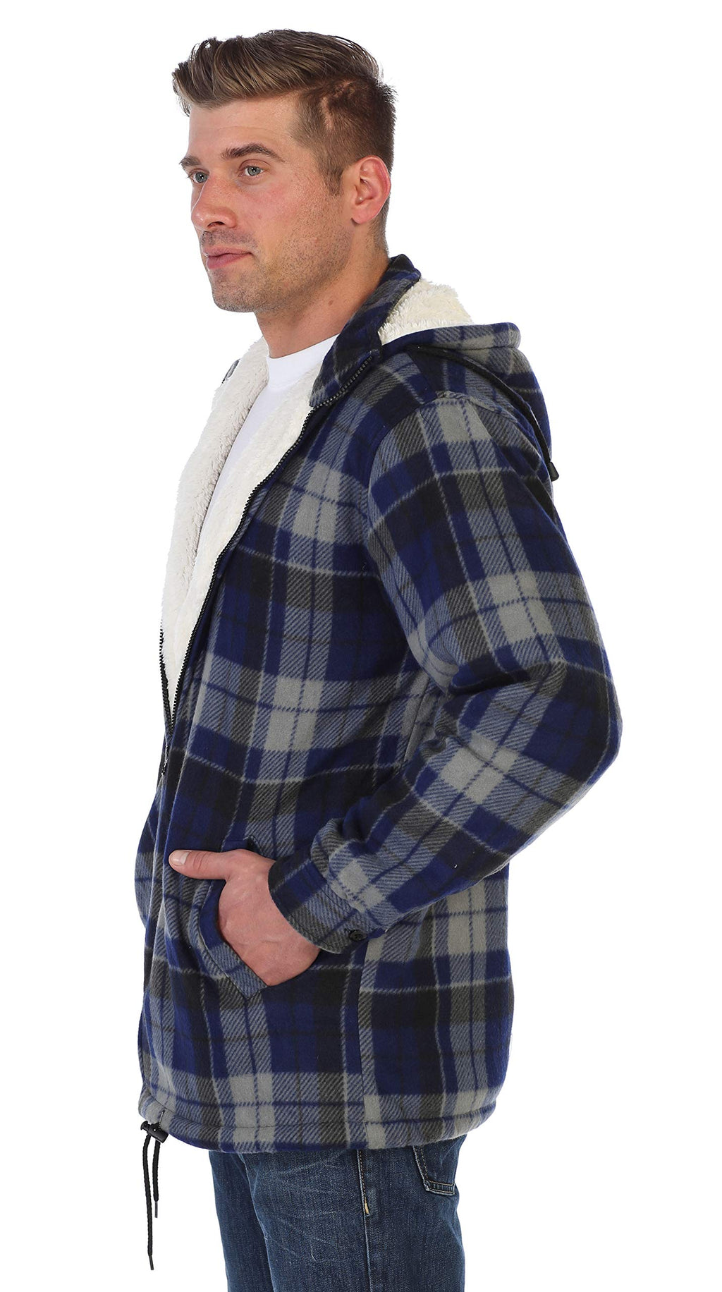 Gioberti Mens Sherpa Lined Flannel Jacket with Removable Hood, Navy/Gray, L