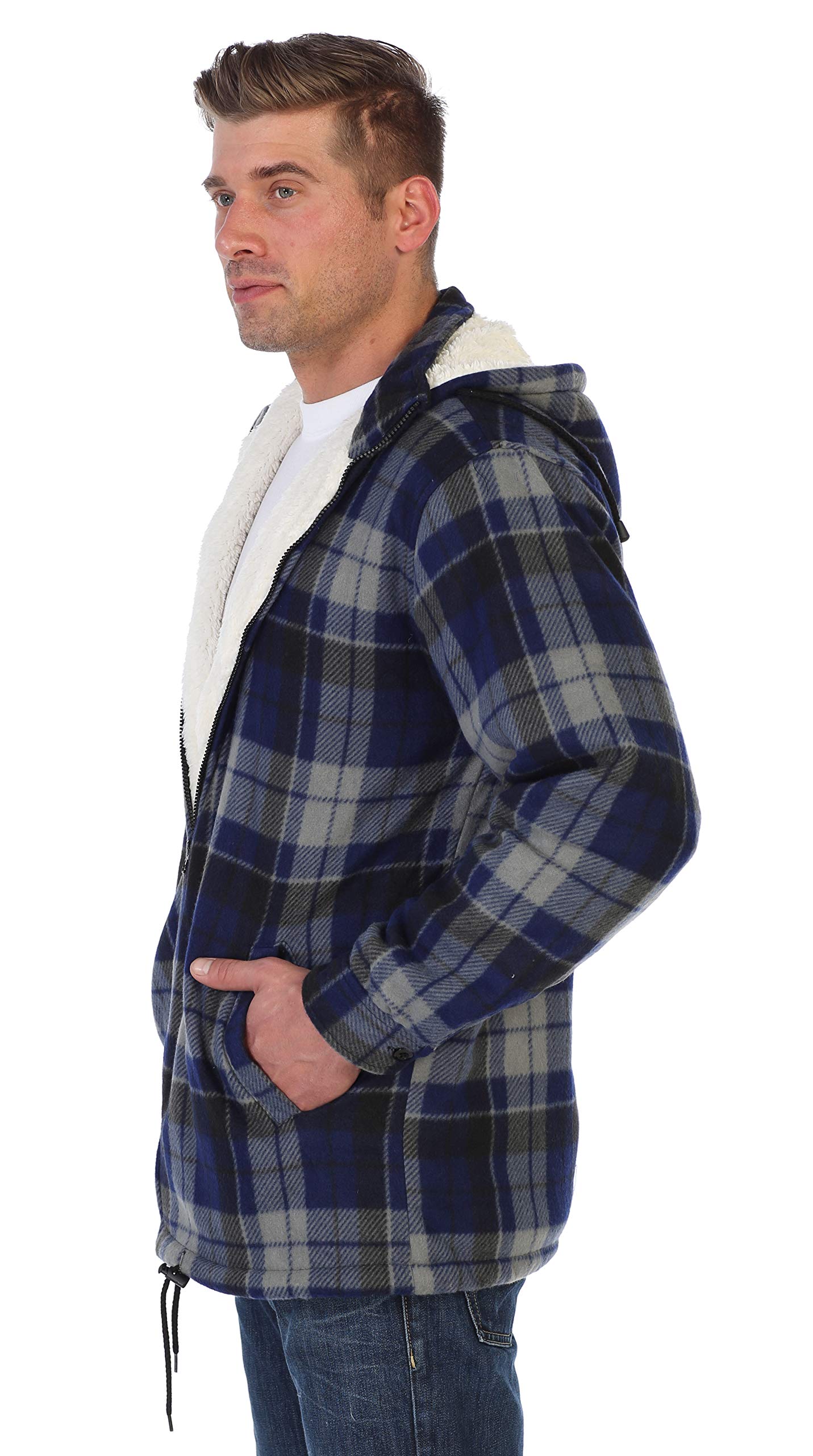 Gioberti Mens Sherpa Lined Flannel Jacket with Removable Hood, Navy/Gray, L