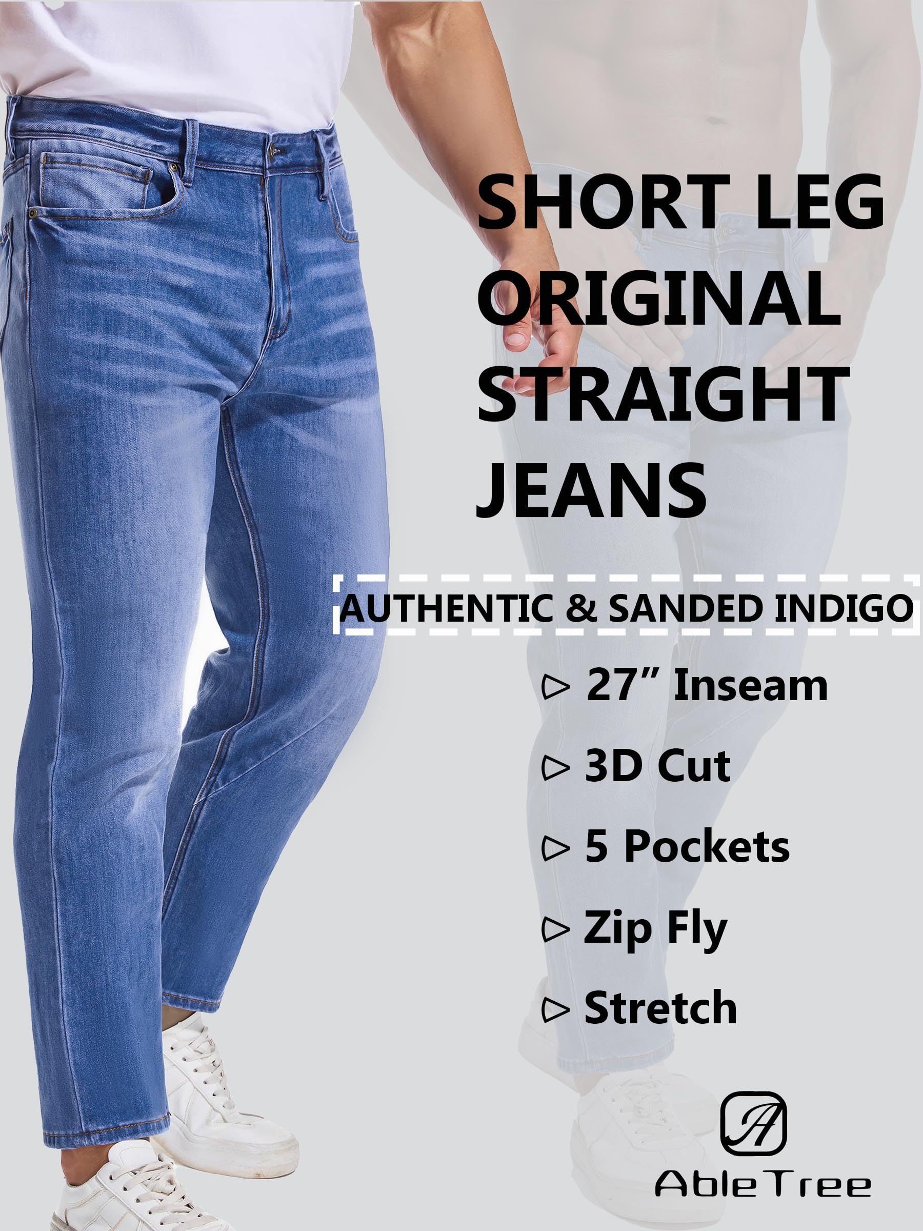 AbleTree Jeans for Short Men 27" Original Straight Taper Fit Short Length Casual Stretch Denim Pants AT01 Medium Blue