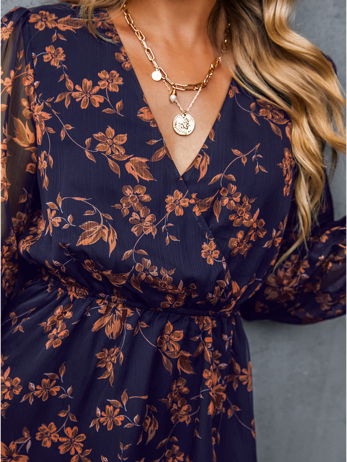 CUPSHE Womens Floral Peasant Sleeve Dress Autumn V-Neck Elastic Waist Chiffon Mini Dresses, Medium, Navy-2