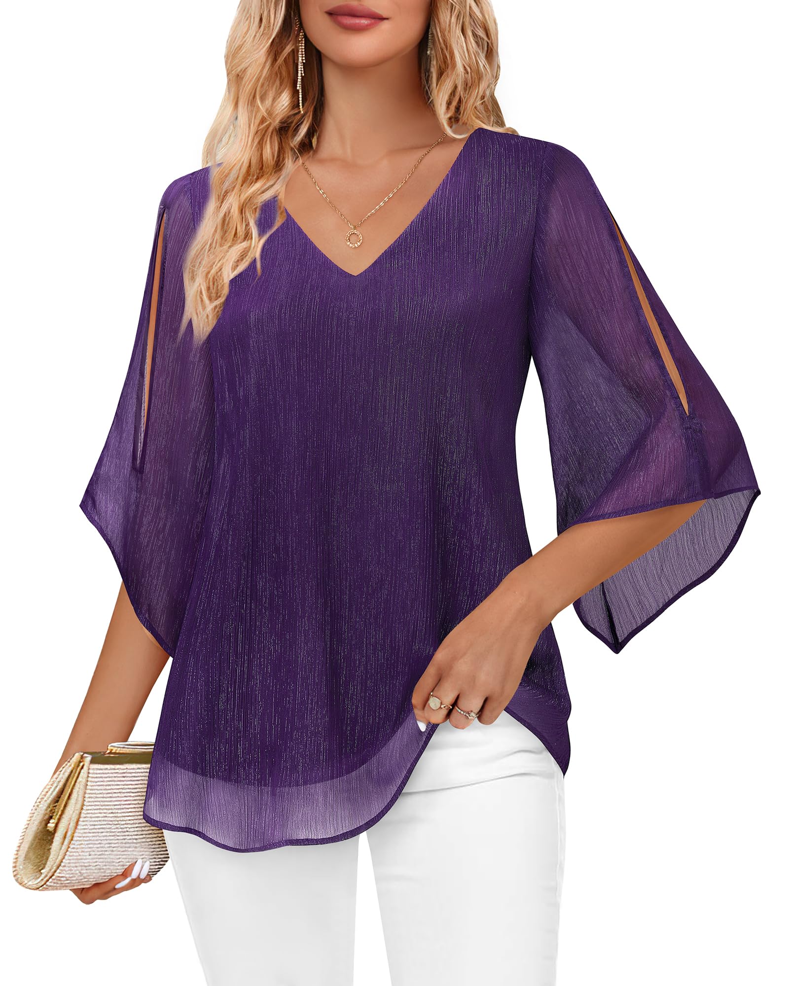 Bebonnie Blouses for Women Dressy Casual: Sparkly Womens Dress Shirts Business Casual Summer Outfits Long Sleeve Chiffon Blouses - Cute Summer Tops for Women Deep Violet L