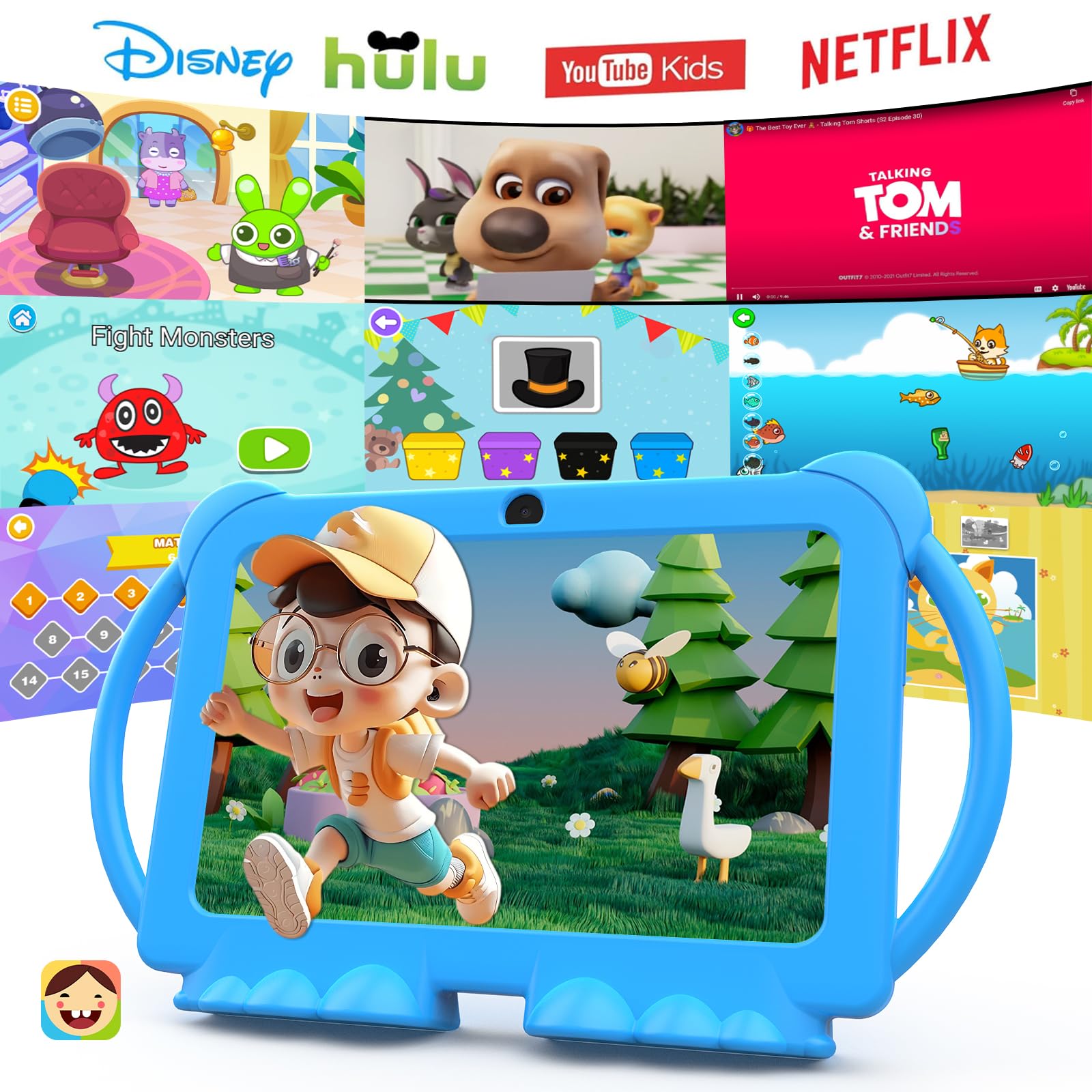 Kids Tablet 7 inch Android 12.0 for Toddler, 4GB RAM 32GB ROM Bluetooth IPS Screen Parental Control Dual Camera Shockproof Case for Educational Games, (1PCS, Blue)