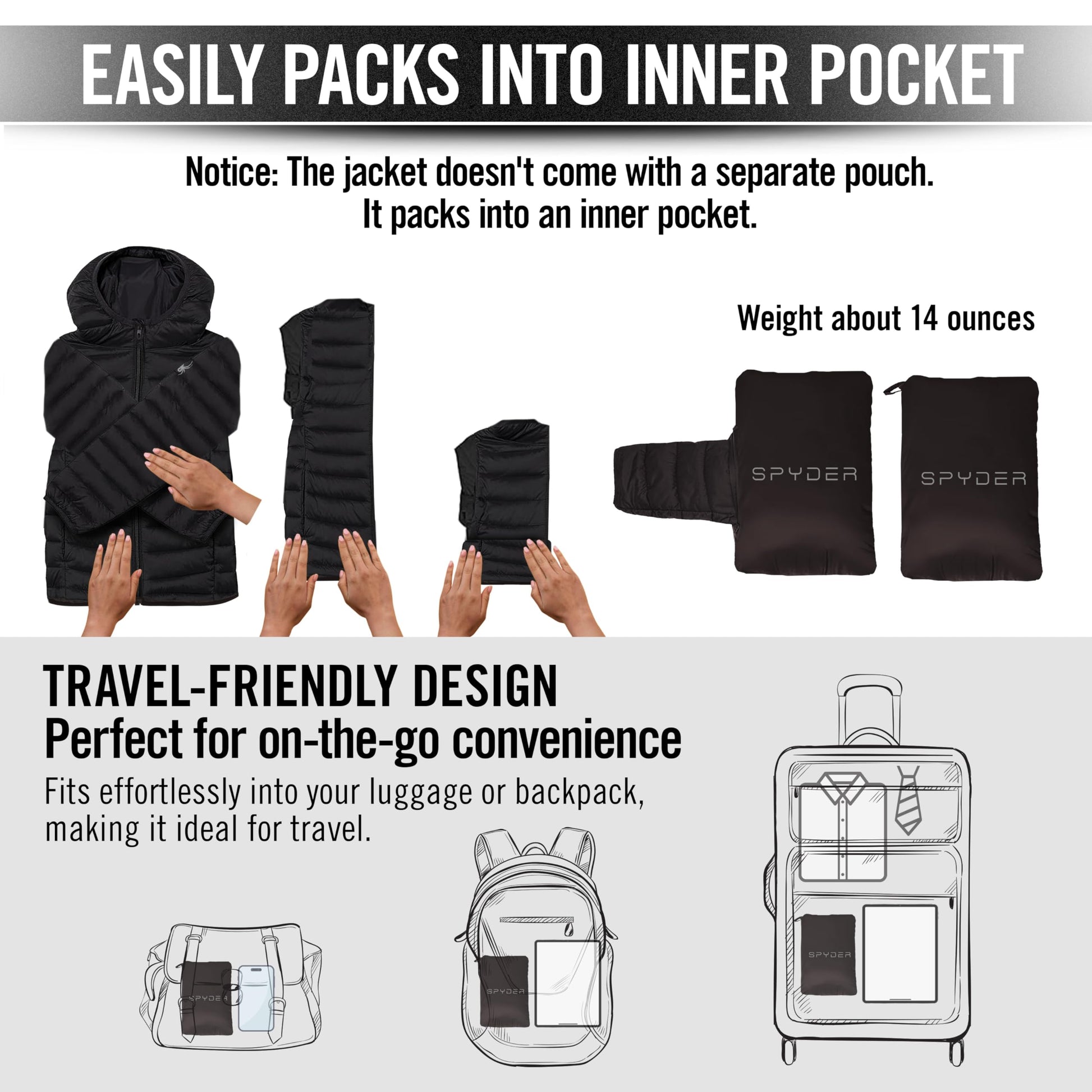 Spyder Packable Puffer Jacket Men with Hood, Lightweight Winter Jackets for Men