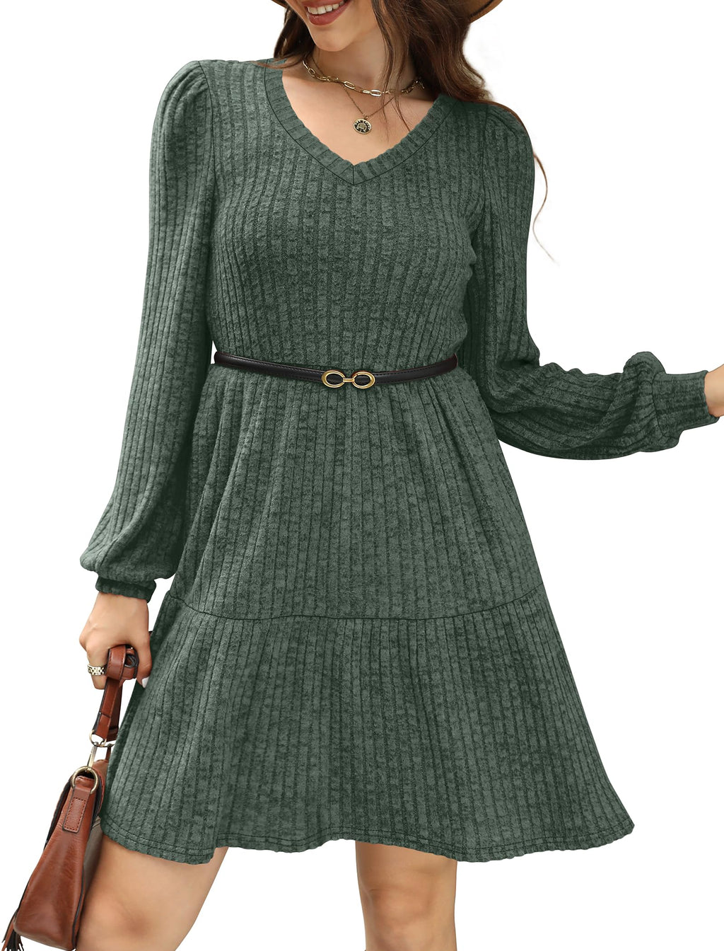 SAMPEEL Womens Dresses V Neck Casual Christmas Long Sleeve Winter Anthropologie Sweater Dress with Pockets 2025 Green M