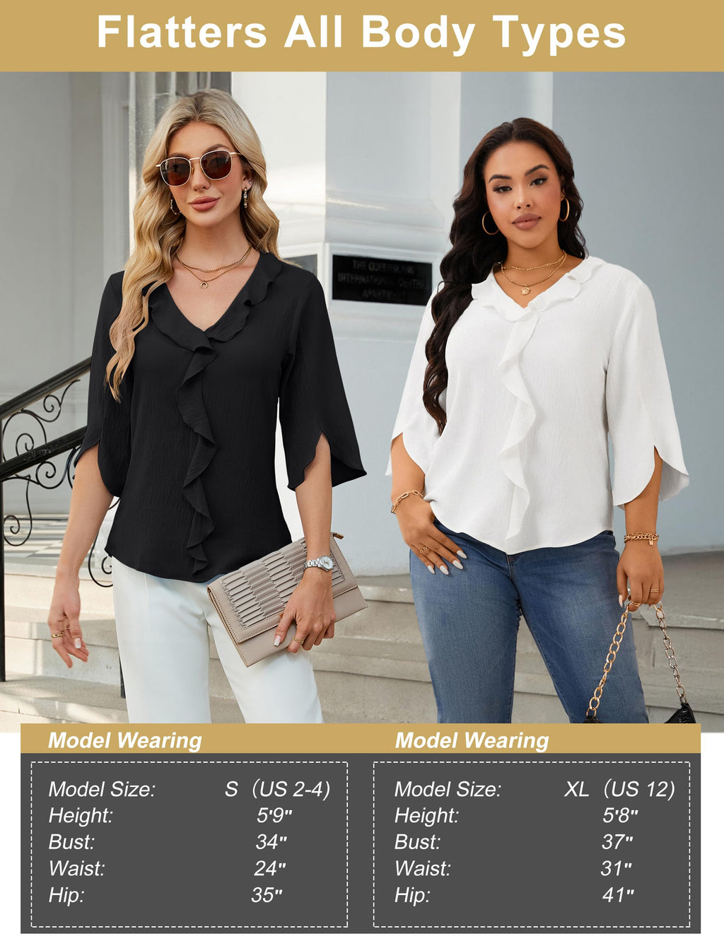 Blooming Jelly Womens Dressy Casual Blouses 3/4 Sleeve V Neck Ruffle Tops Business Ladies Summer 2025 Trendy Work Shirt (Medium, Ivory White)