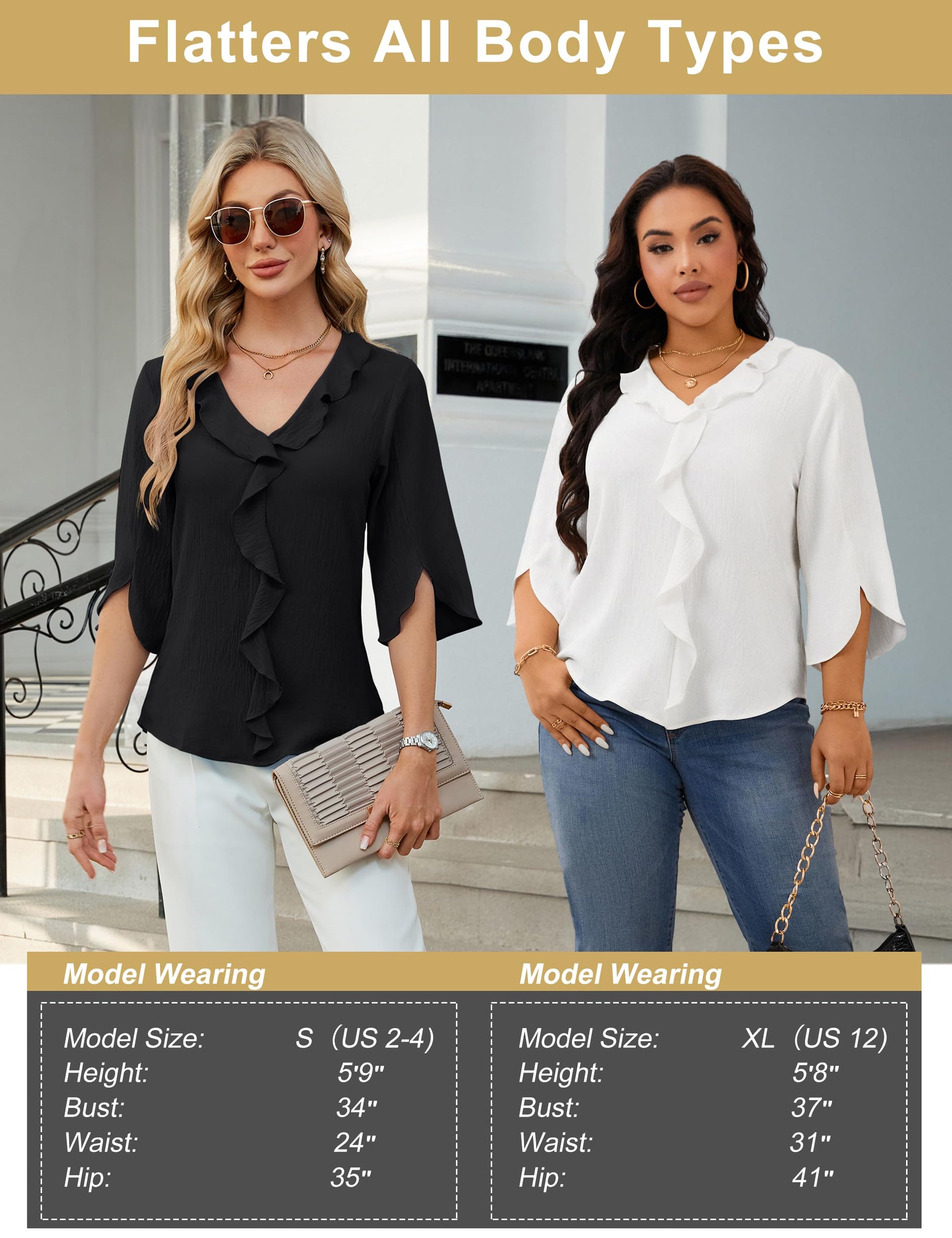 Blooming Jelly Womens Dressy Casual Blouses 3/4 Sleeve V Neck Ruffle Tops Business Ladies Summer 2025 Trendy Work Shirt (Medium, Ivory White)