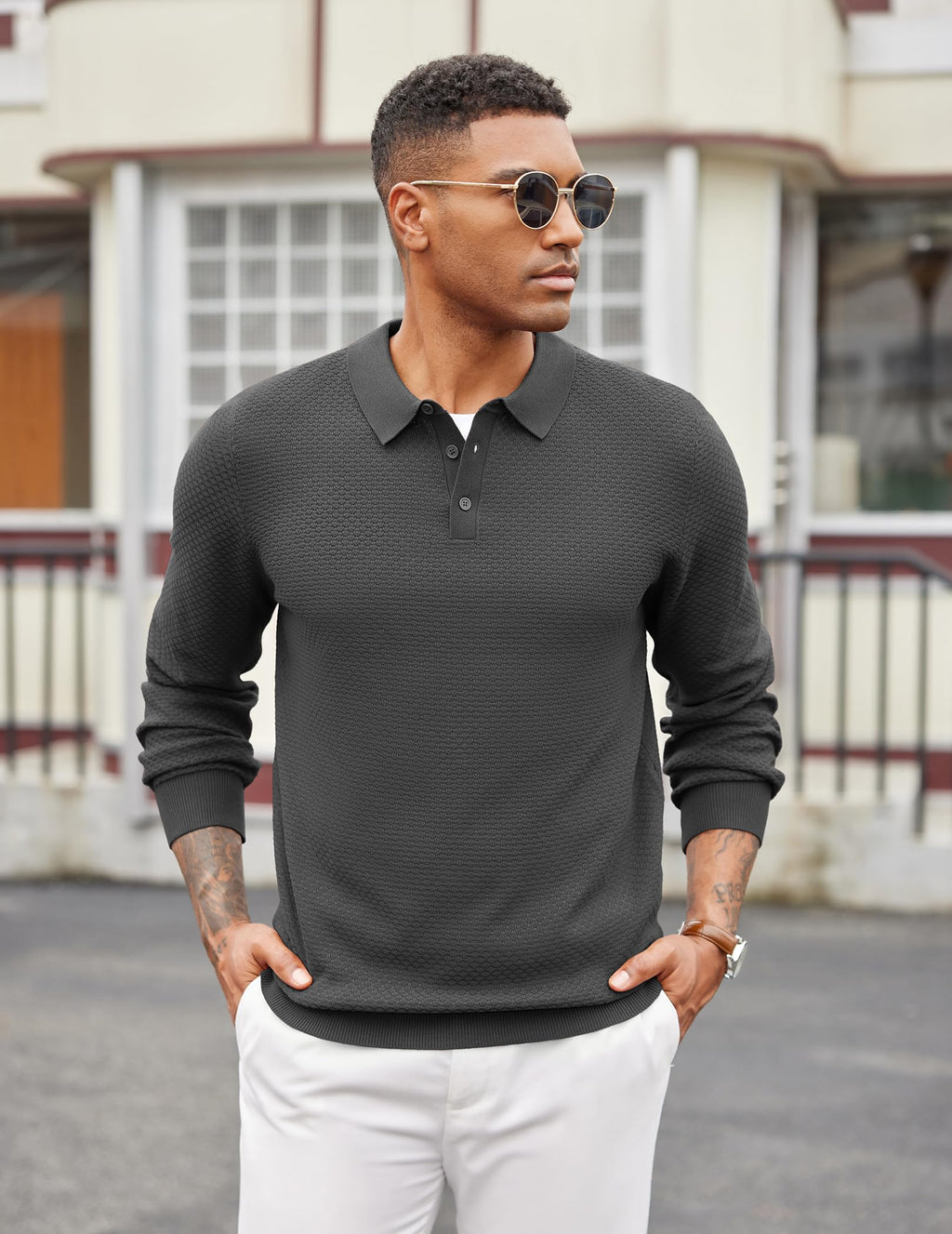 COOFANDY Men's Long Sleeve Polo Sweater Dress Knit Golf Polo Collared Sweater Muscle Slim Fit T Sweaters Dark Gray