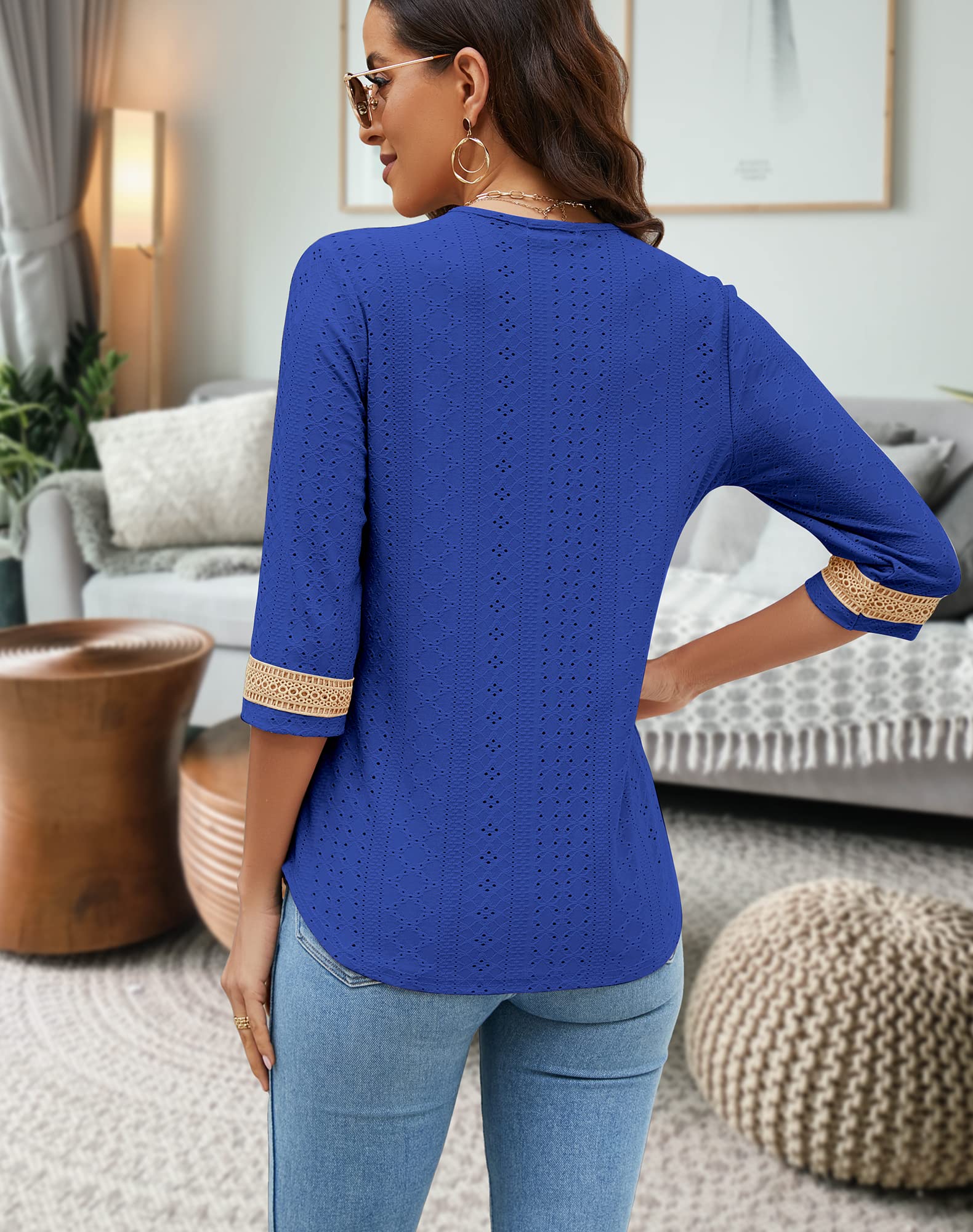 LIOFOER Women's Casual 3/4 Sleeve Shirts Lace V Neck Color Block Dressy Tops Trendy Hollow Floral Blouses T Shirts S-XXL Blue