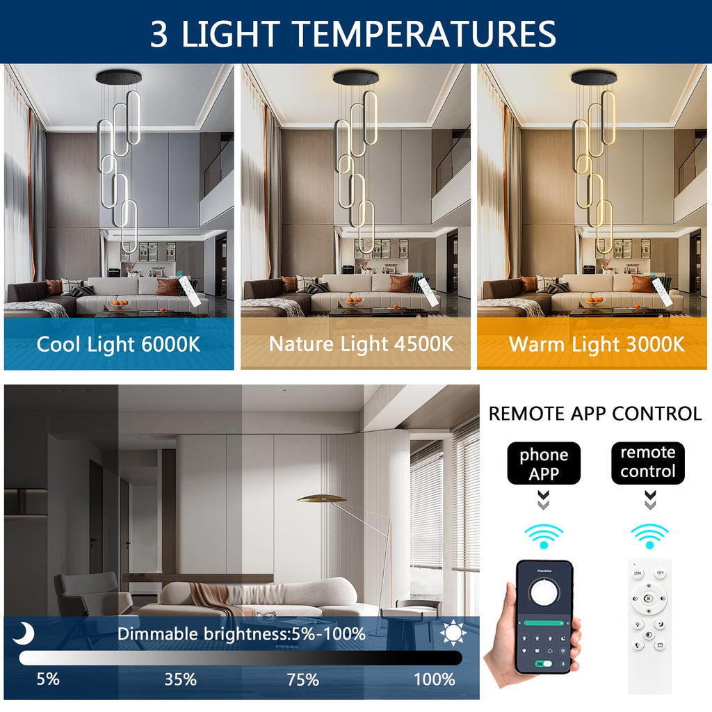 dolria 6 Rings Modern Chandelier LED Dimmable Flush Mount Ceiling Light for Foyer Living Room Staircaes Black