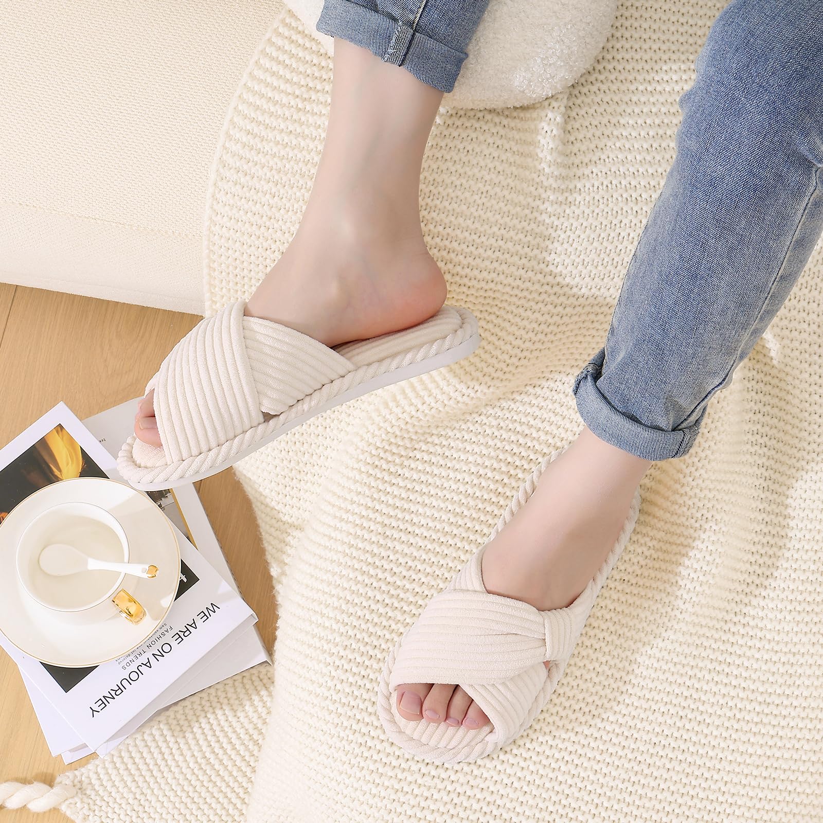 Evshine Summer House Slippers for Women Corduroy Cross Bow Indoor Slippers Open Toe Slip On Bedroom Shoes with Memory Foam, Beige 270 (Size 8-9)