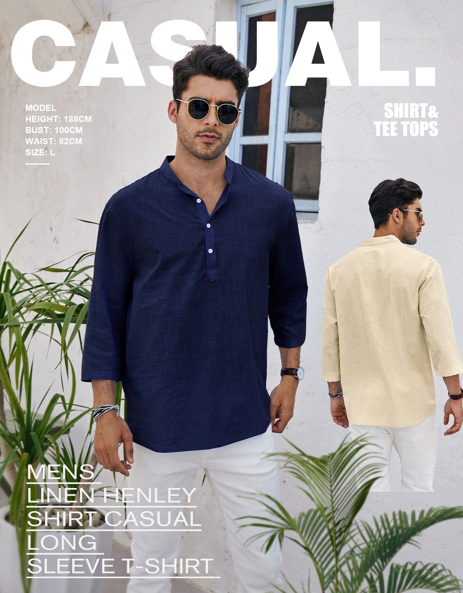 Ryannology Mens Linen Shirts Henley 3/4 Sleeve Casual Cotton T-Shirt Regular-Fit Lightweight Beach Yoga Tunic Tops