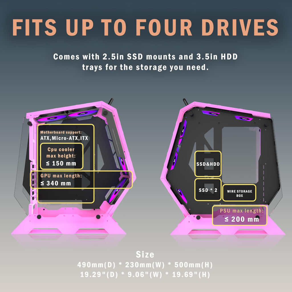 KEDIERS PC Case C570 ATX Mid Tower Tempered Glass Gaming Computer Open Frame Case with 5 PWM ARGB Fans (Pink)