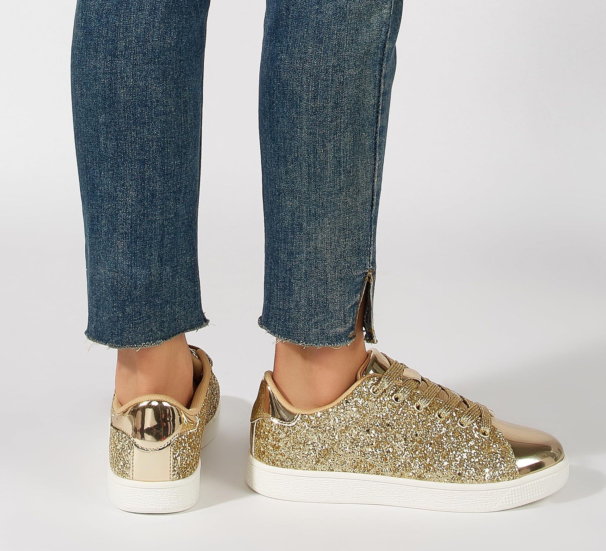 LUCKY STEP Glitter Sneakers Lace up | Fashion Sneakers | Sparkly Shoes for Women (All Gold,10 B(M) US)