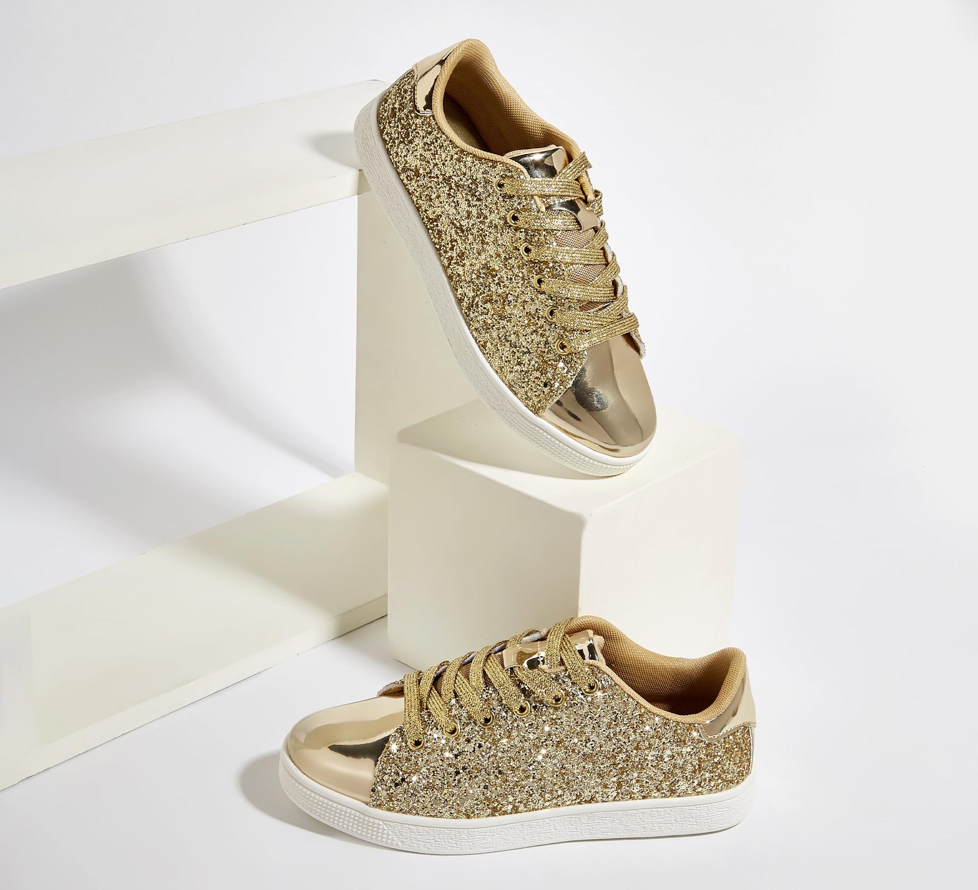 LUCKY STEP Glitter Sneakers Lace up | Fashion Sneakers | Sparkly Shoes for Women (All Gold,10 B(M) US)