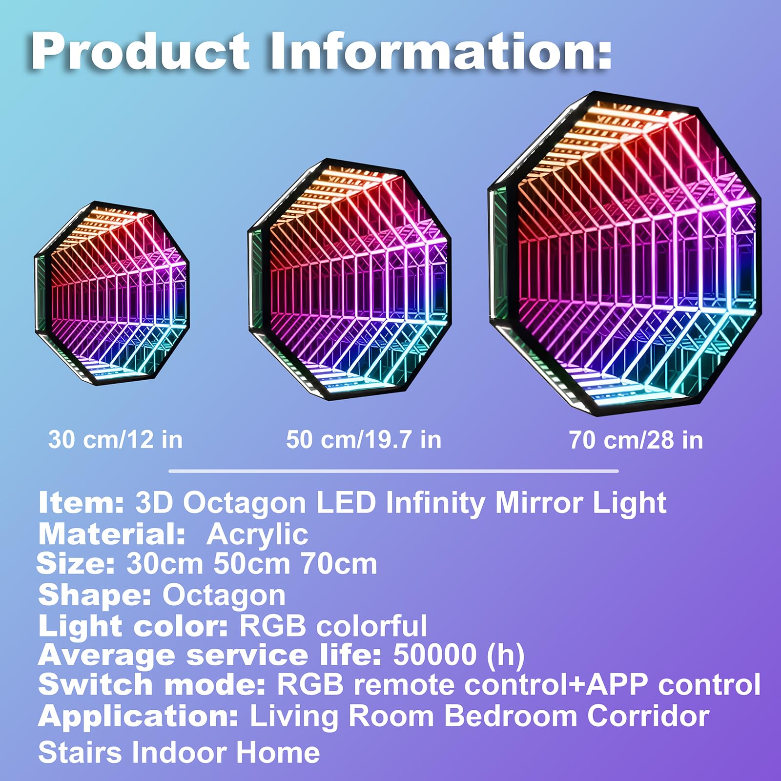 XQDUPDA 3D LED Infinity Mirror Light – Multicolor Tunnel Lamp with Smart APP & Remote Control, Cool RGB Art Light for Home Decor, Bedroom, Living Room, Party, Bar & Gaming (Octagon-19.7 in/50 CM)