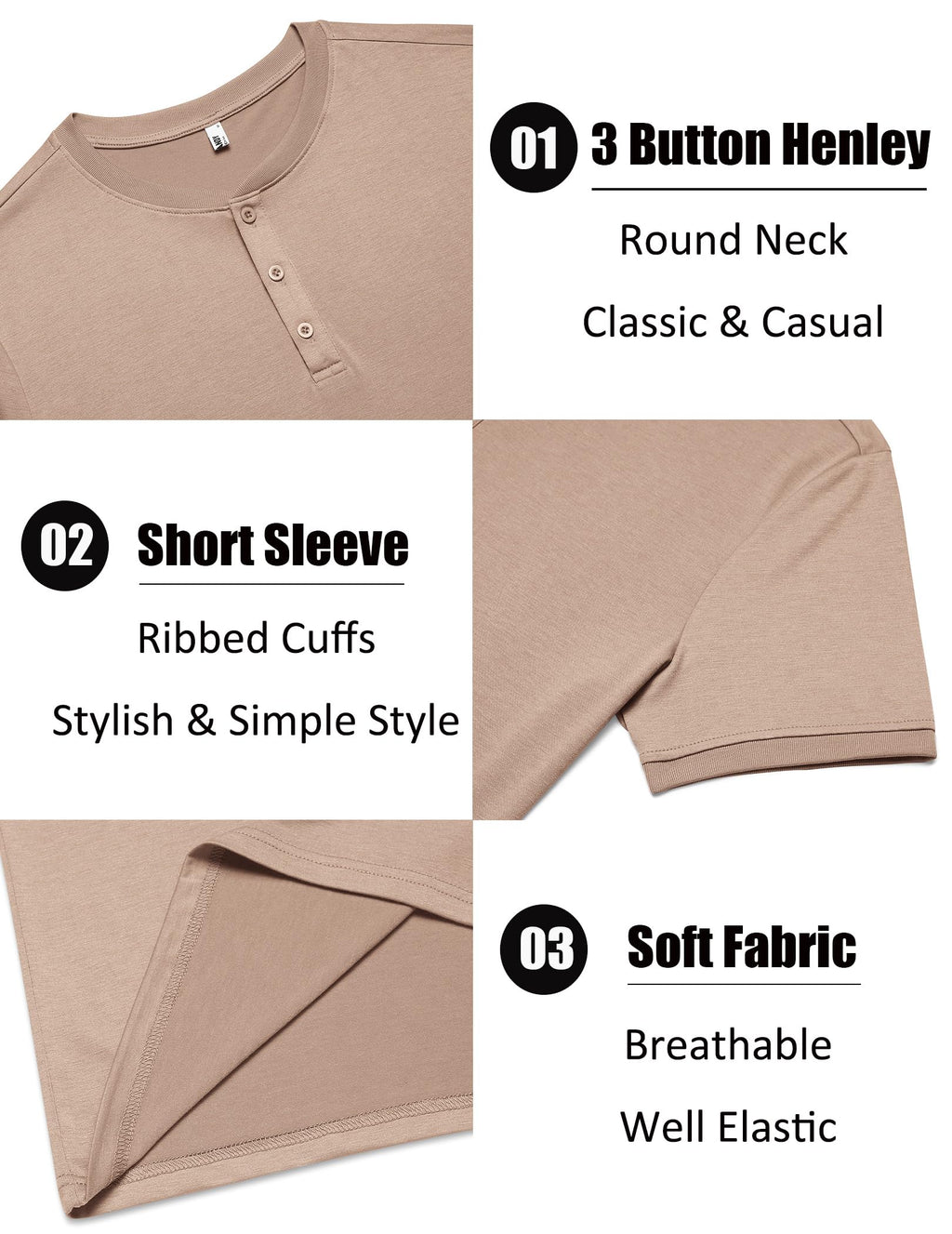 COOFANDY Men's Henley Shirts Short Sleeve Casual Summer Basic Tee Solid Button T-Shirts Light Khaki