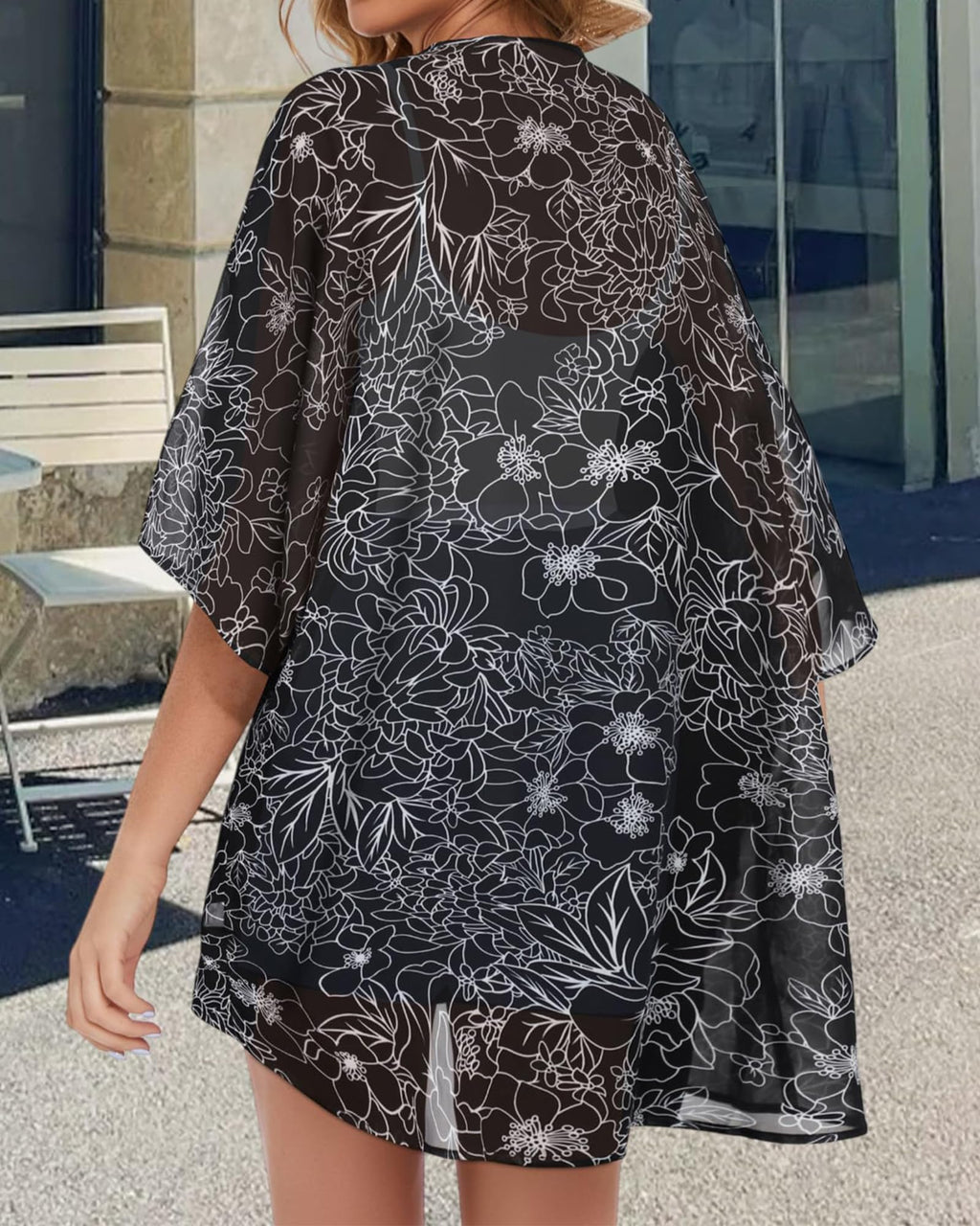 Womens Floral Kimono Cardigans Loose Puff Sleeve Casual Beach Coverups Tops (Black Brief Flowers,L)