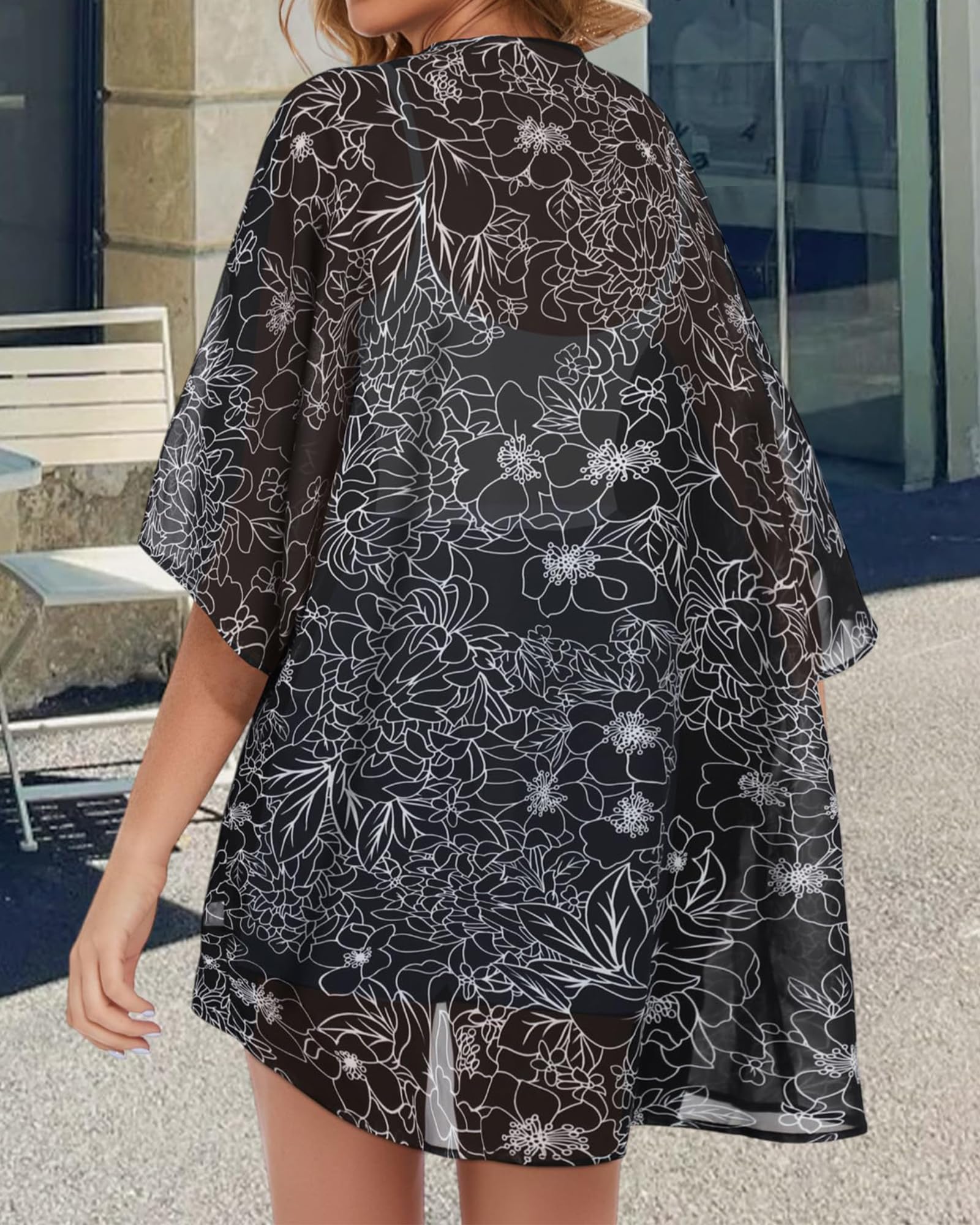 Womens Floral Kimono Cardigans Loose Puff Sleeve Casual Beach Coverups Tops (Black Brief Flowers,L)