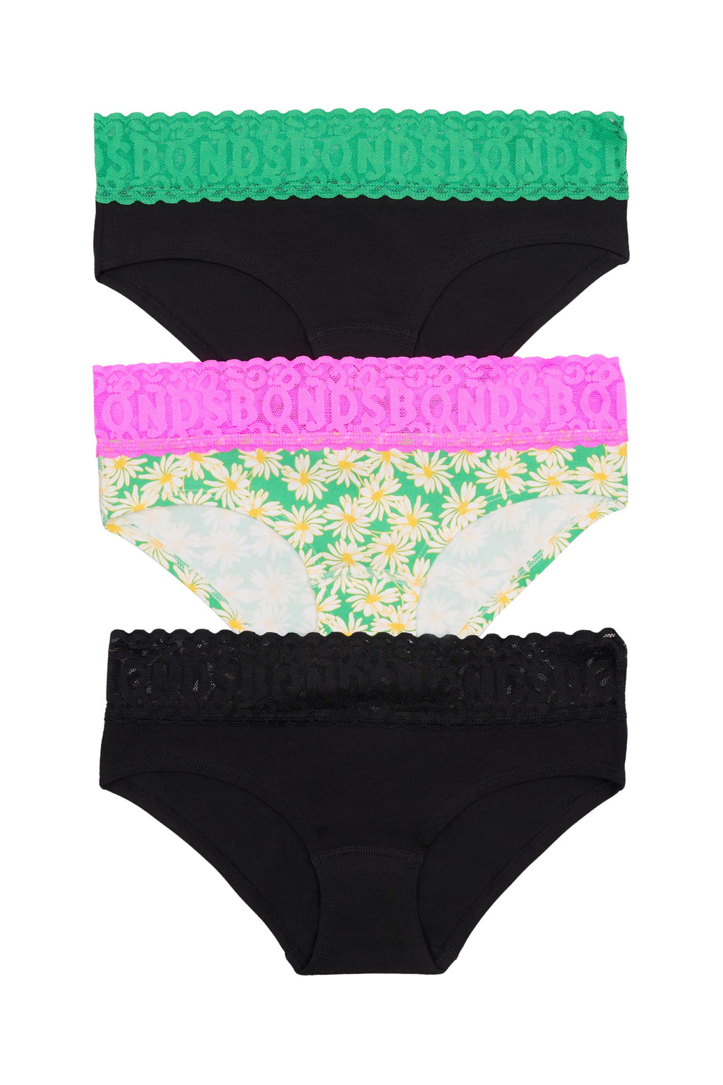 Bonds Women's Underwear Hipster Pack, Lace-Top Icons Hipster Panties for Women, Stretchy Cotton-Blend Underwear for Women, 3-Pack