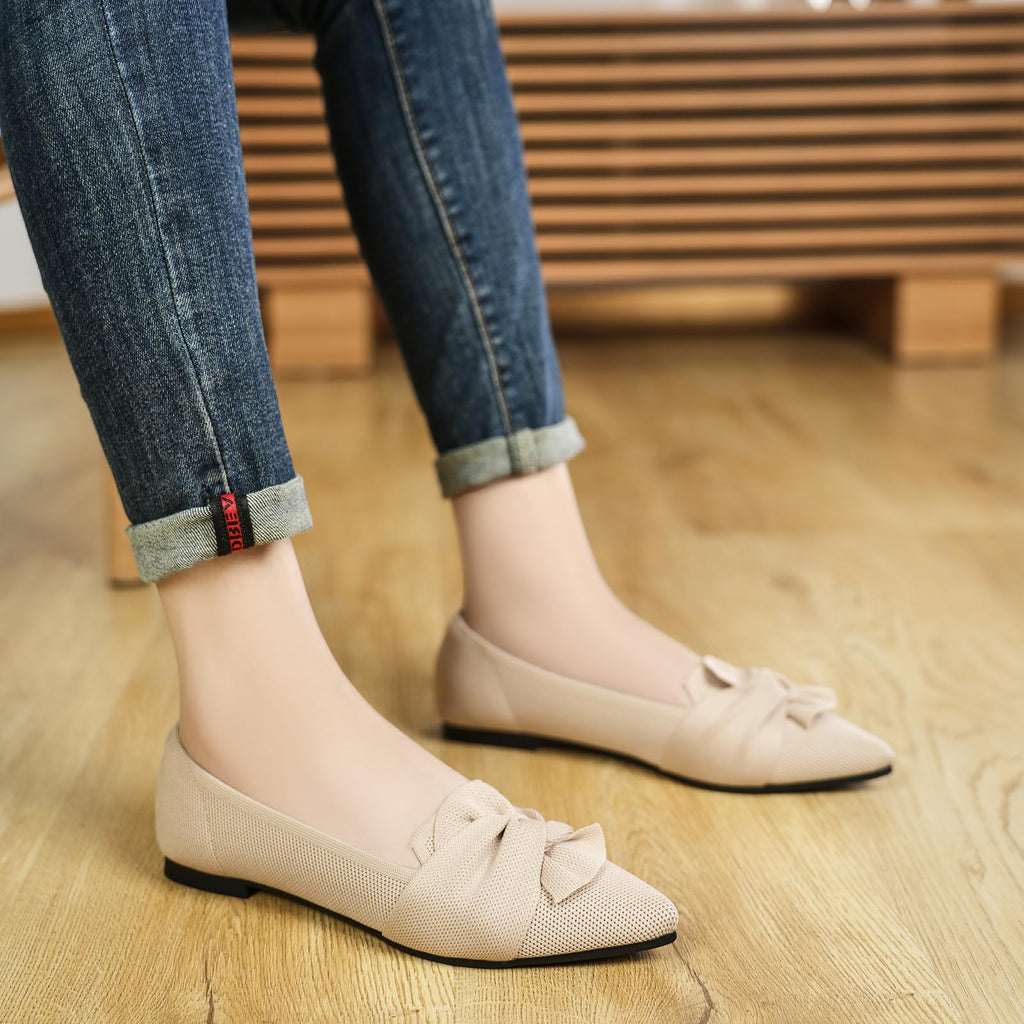 HIULYCENCE Flats for Women Pointed Toe Ballet Flats with Bow Comfortable Knit Dressy Flats Nude US9