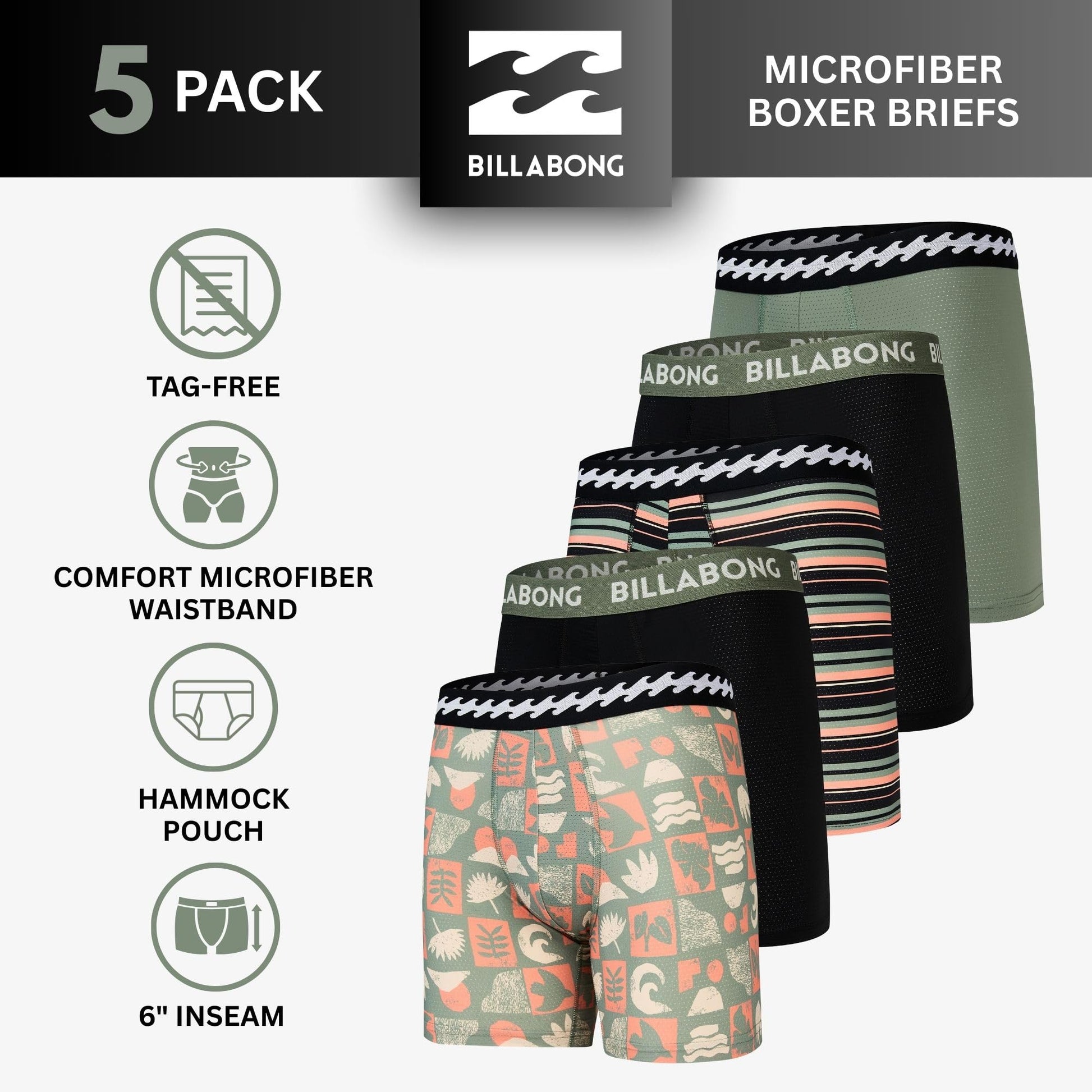 Billabong Mens Underwear 5 Pack Microfiber Performance Boxer Briefs for Men