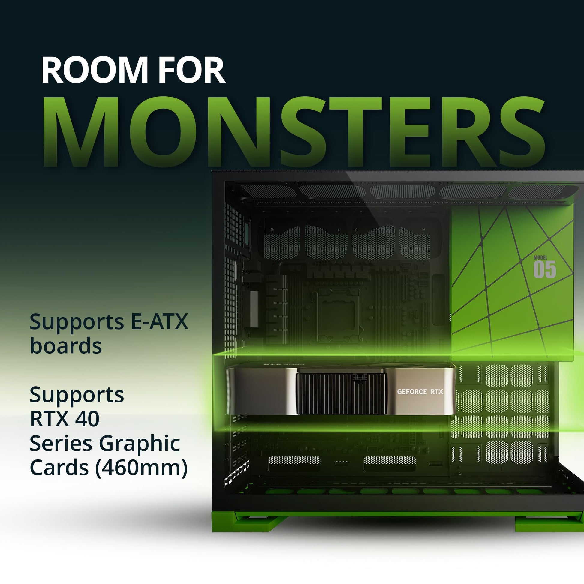 Geometric Future M5 Tempered Glass Mid Tower, E-ATX/ATX Gaming Case, 1.2mm Steel, Type C, Toolless Panels, Support 420/360 Radiator, ARGB PWM 140m Fan x 5 Pre-Installed, Black/Green, GEO-M5F-BNY