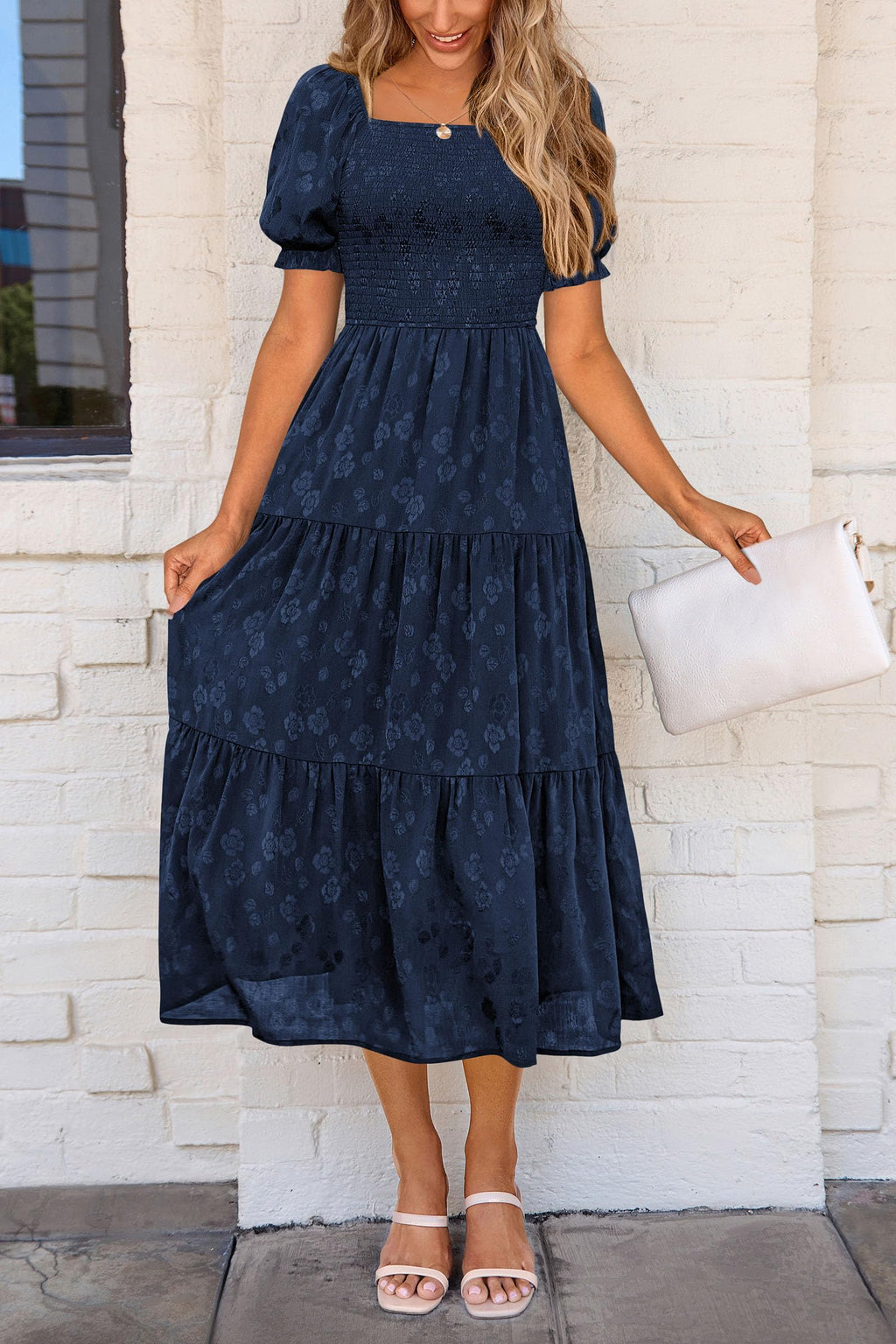 PRETTYGARDEN Women's 2025 Summer Casual Midi Dresses Square Neck Short Sleeve Smocked A Line Floral Flowy Elegant Boho Dress (Dark Blue,Medium)