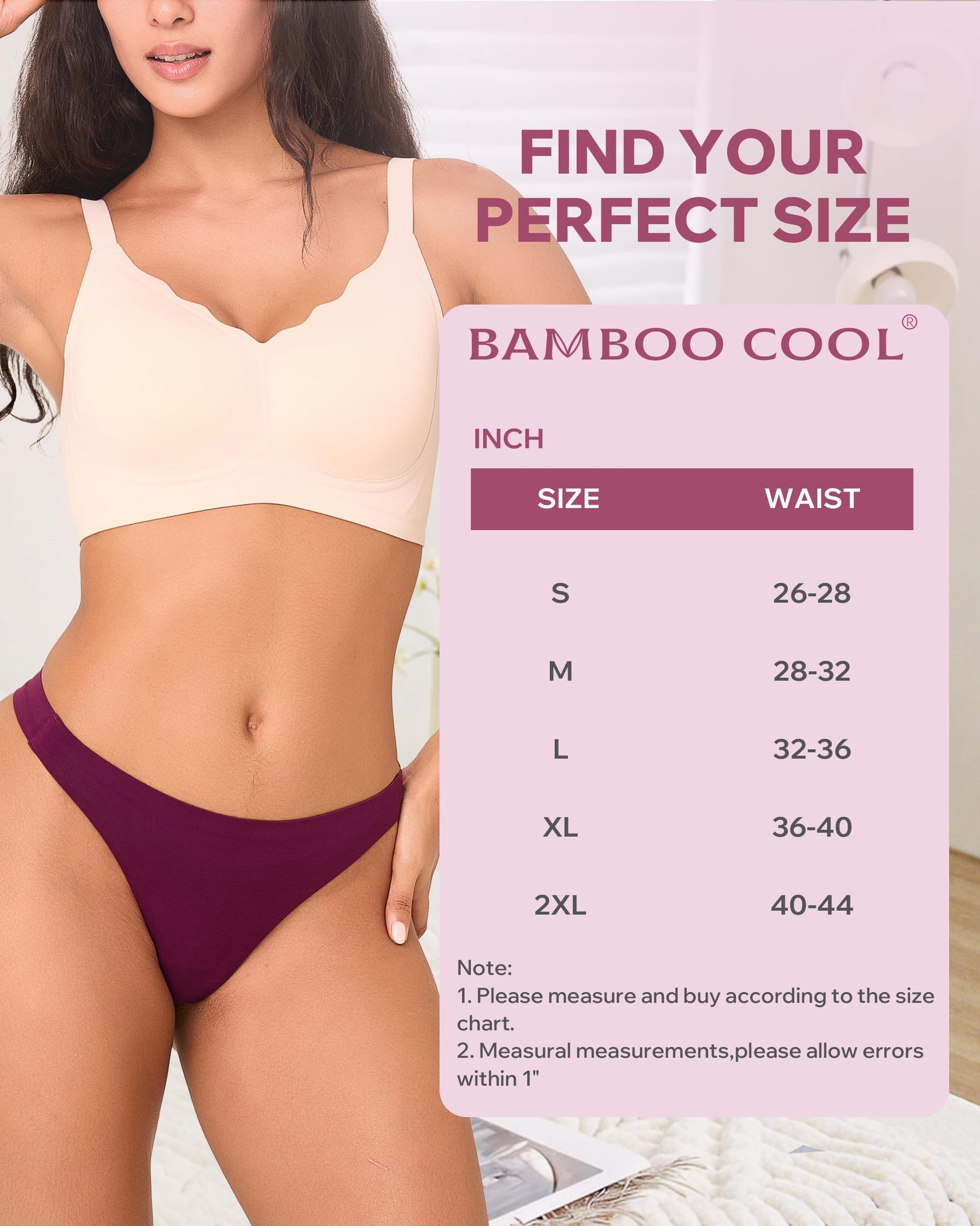 BAMBOO COOL Women's Thongs No Show Underwear Mid Waisted Seamless Pantie Tagless 6 Pack