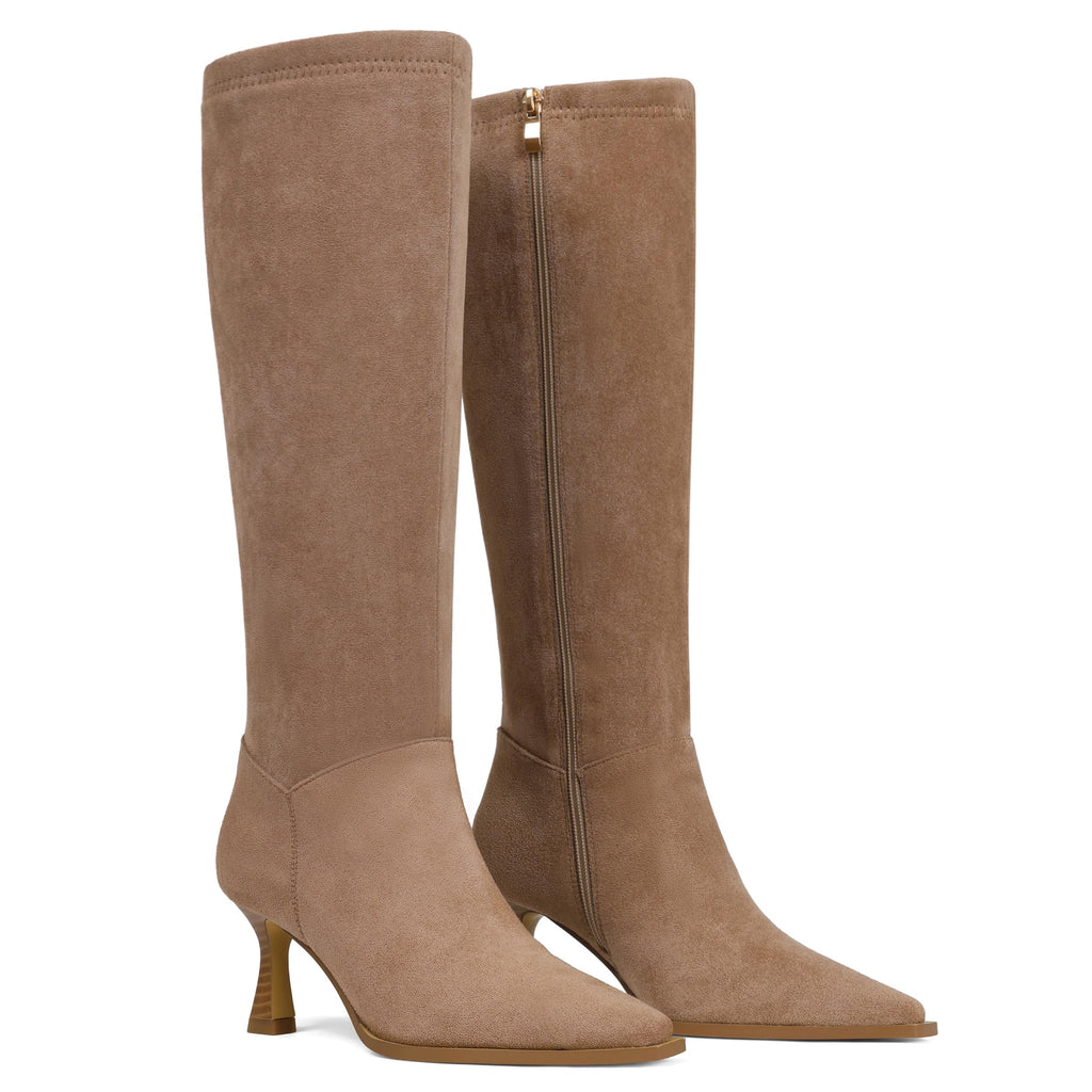 Goiphrri Knee High Boots for Women Elastic Wide Calf Kitten Heel Boots with Side Zipper Suede Brown Pointed Toe Stiletto Boot Shoes Trendy Dress Fall Boot for Women Size 8