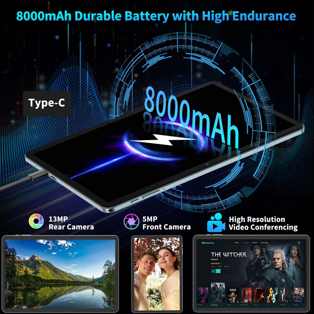 Relndoo 2025 Android 15 Tablet with Keyboard, 24GB+128GB+2TB Expand, 10.1 Inch Octa-Core 2-in-1 Tablets with 5G/2.4G WiFi, 8000mAh, BT5.0, GMS Certified, with Mouse, Case, Stylus, Split Screen(Black)