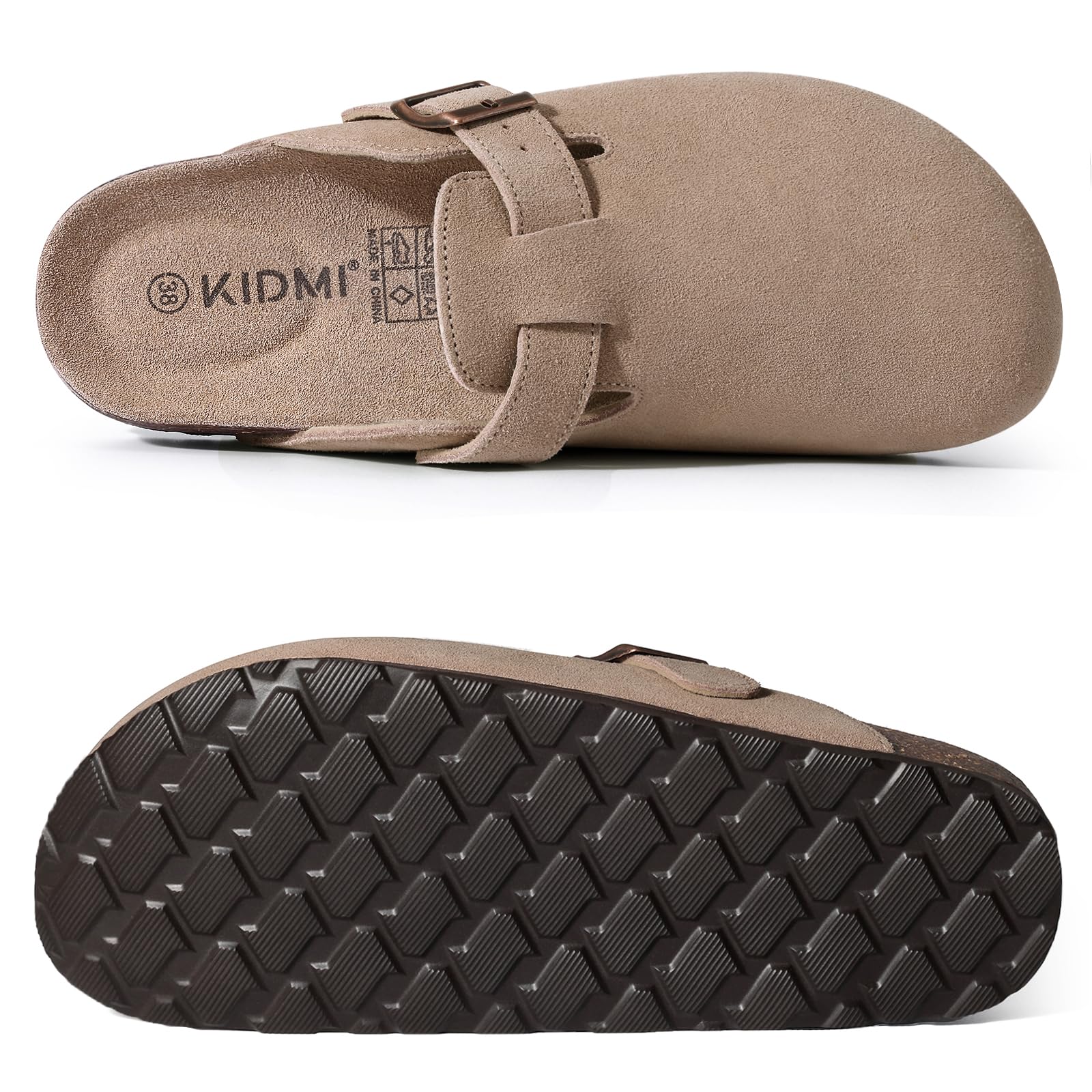 KIDMI Women's Genuine Suede Clogs Cork Footbed Sandals Leather Mules Potato Shoes with Arch Support Taupe 36 (Size 5.5-6)