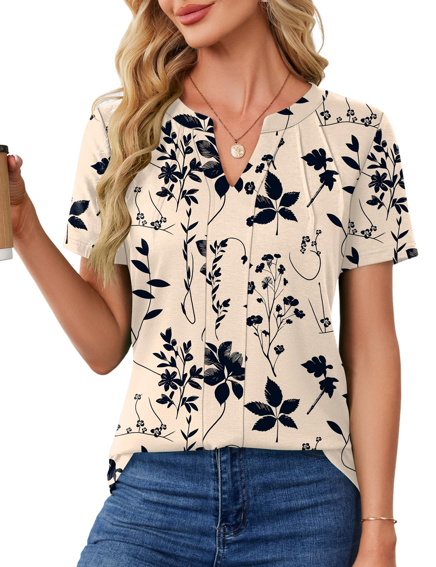 AKEWEI Short Sleeve Blouses for Women Casual V Neck Tops Pleated Summer Shirts Apricot Black Floral M