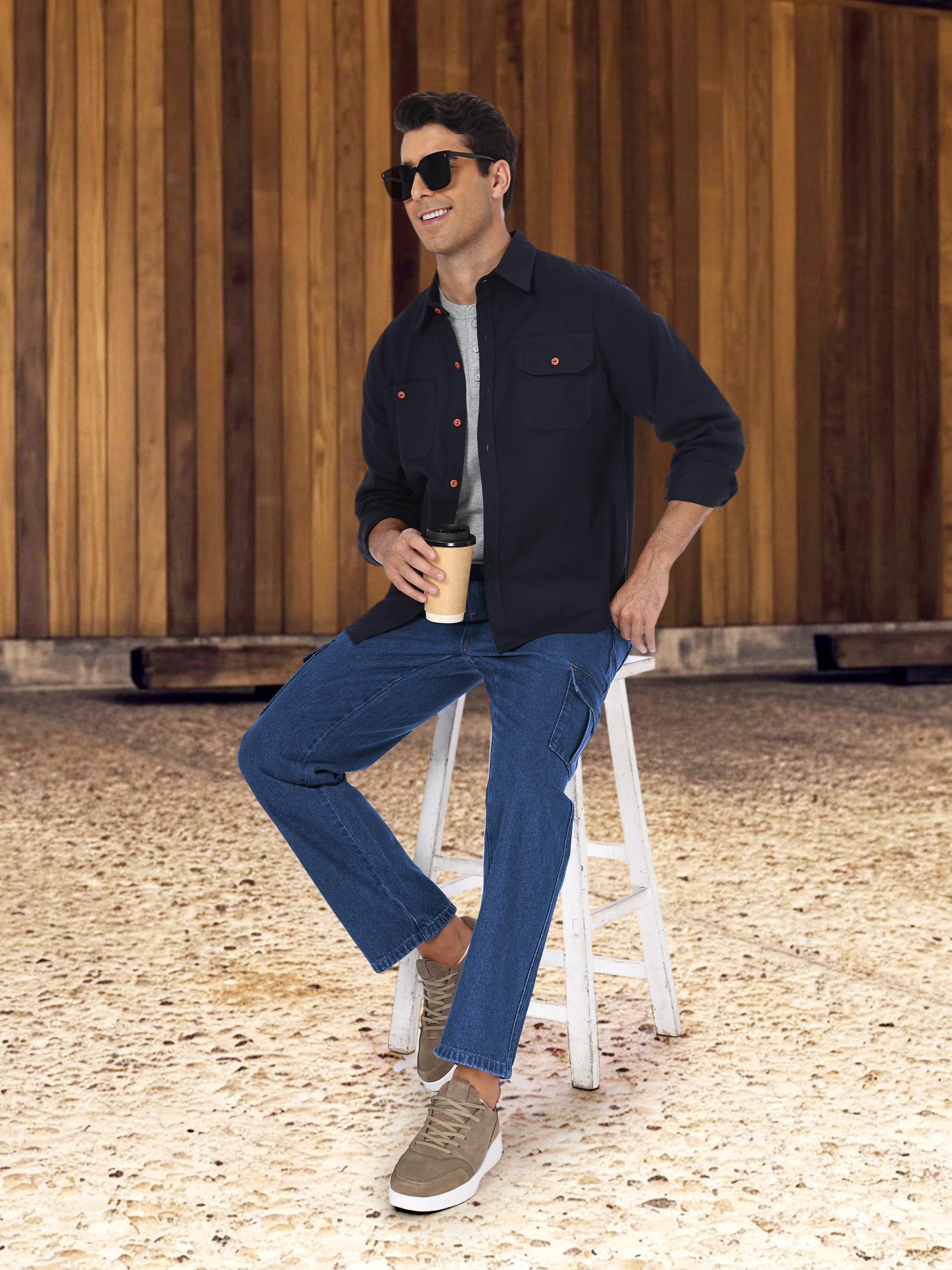 Tapata Short Men's Casual Cargo Pants Relaxed Fit Expandable Elastic Waist Denim Slacks with 6 Pockets Belt Loop Jeans, Blue, 36W x 28L