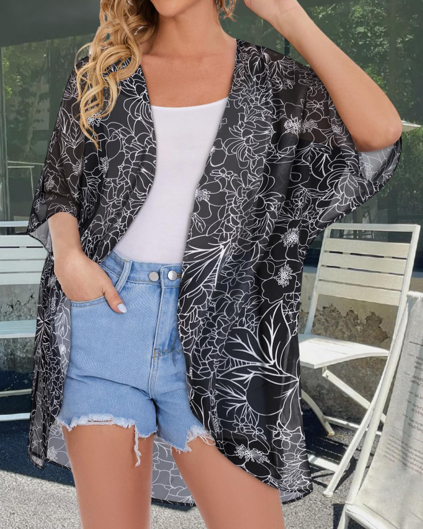 Womens Floral Kimono Cardigans Loose Puff Sleeve Casual Beach Coverups Tops (Black Brief Flowers,L)