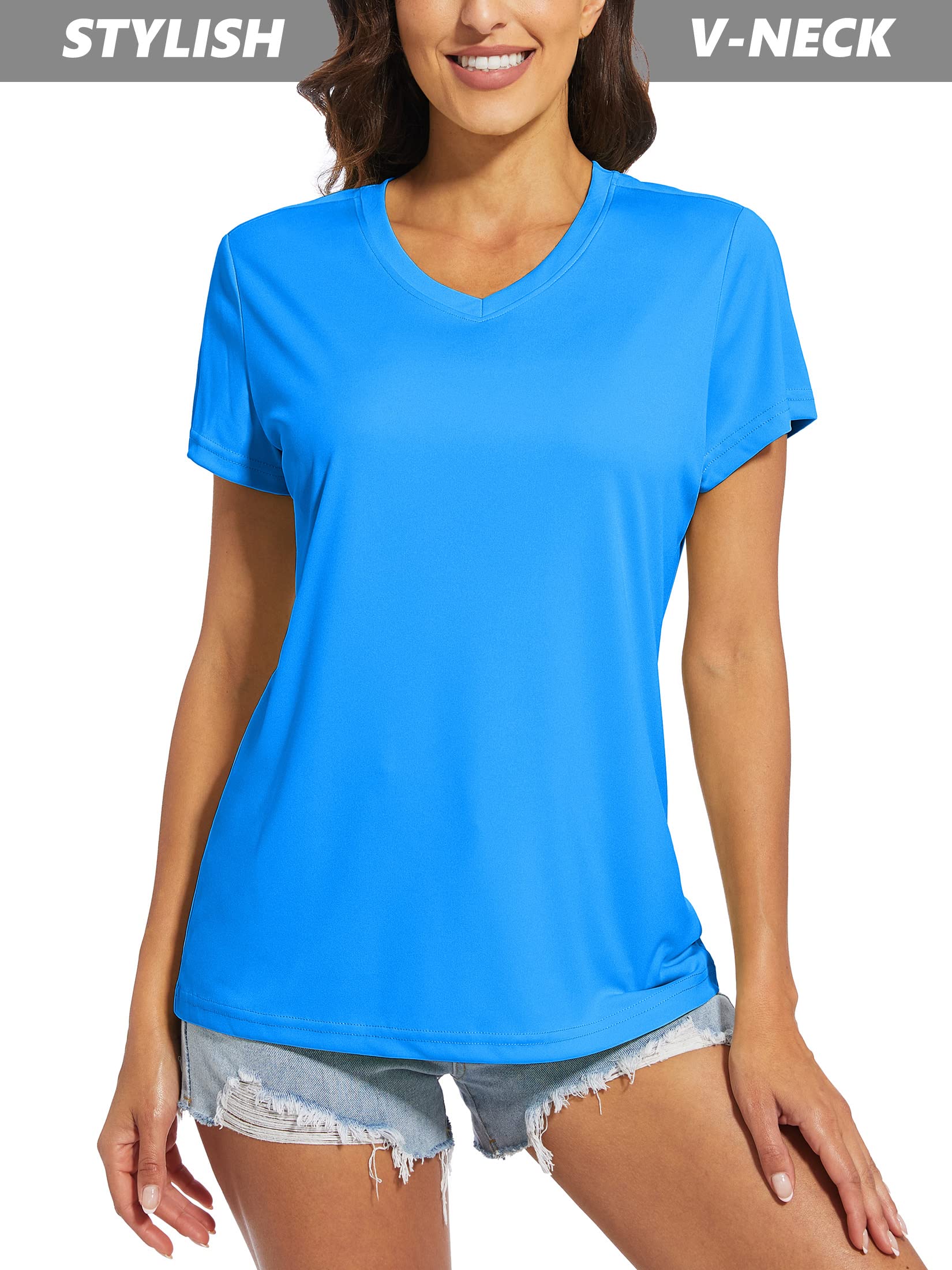 MAGCOMSEN Womens Lightweight T-Shirt Short Sleeve Shirts Sun Proof Baselayer Shirts Gym Running Sportswear Active Shirts Azure L