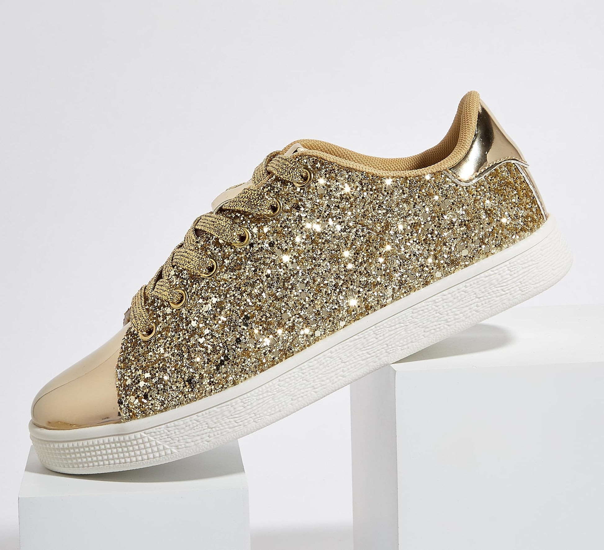 LUCKY STEP Glitter Sneakers Lace up | Fashion Sneakers | Sparkly Shoes for Women (All Gold,10 B(M) US)