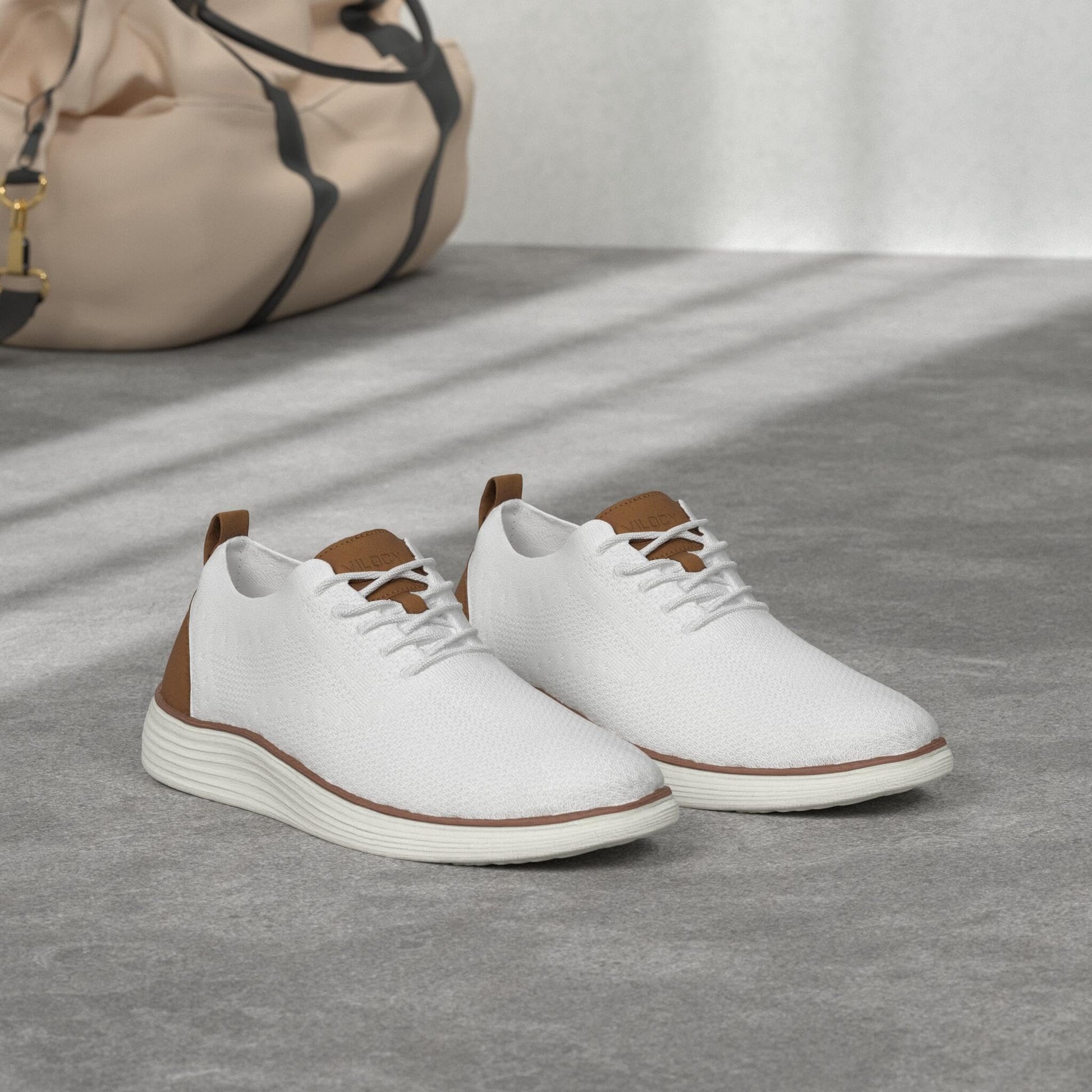 VILOCY Men's Dress Sneakers Oxfords Casual Business Shoes Lace Up Lightweight Walking Knit Mesh Fashion Sneakers White,EU43