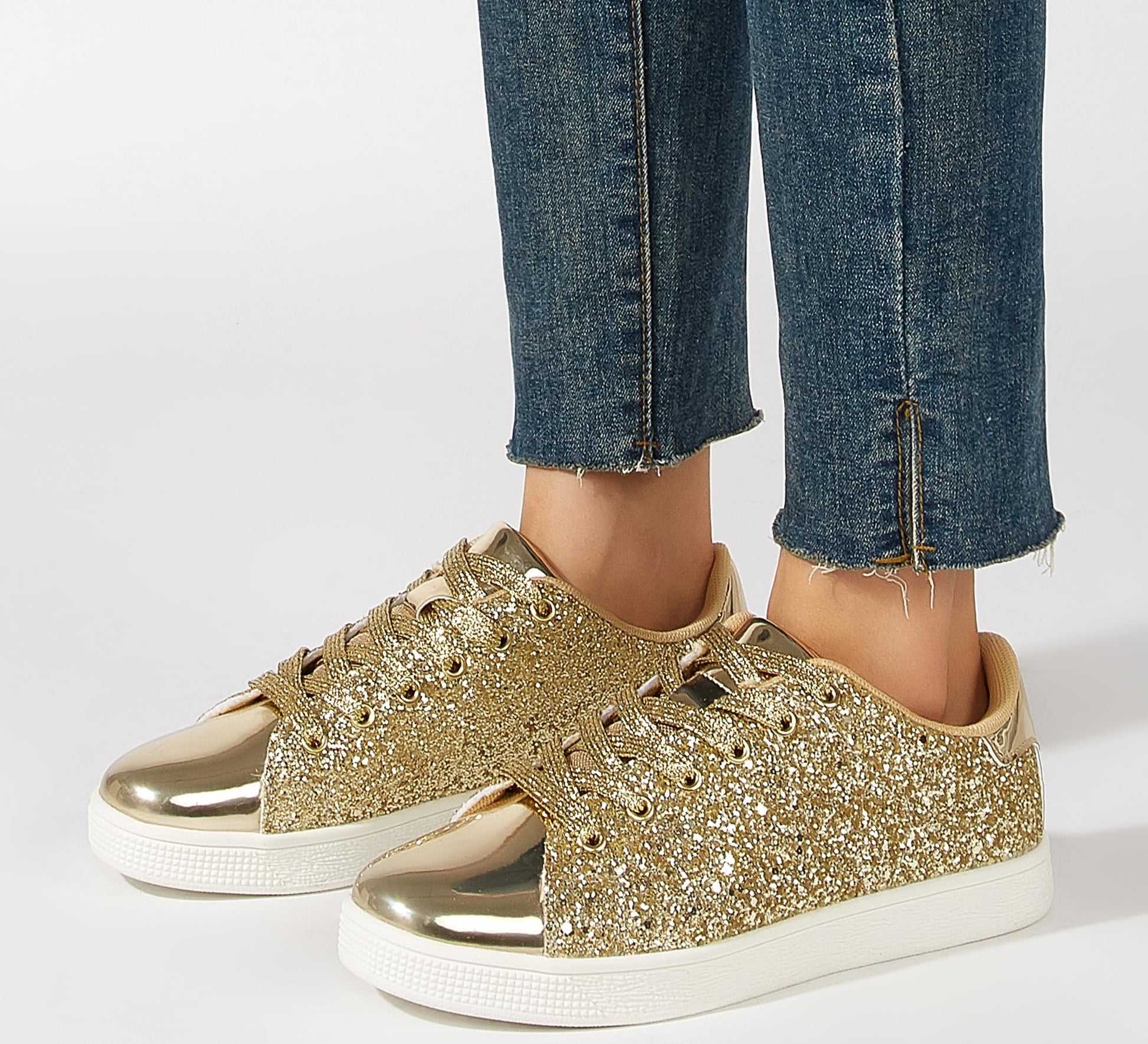 LUCKY STEP Glitter Sneakers Lace up | Fashion Sneakers | Sparkly Shoes for Women (All Gold,10 B(M) US)