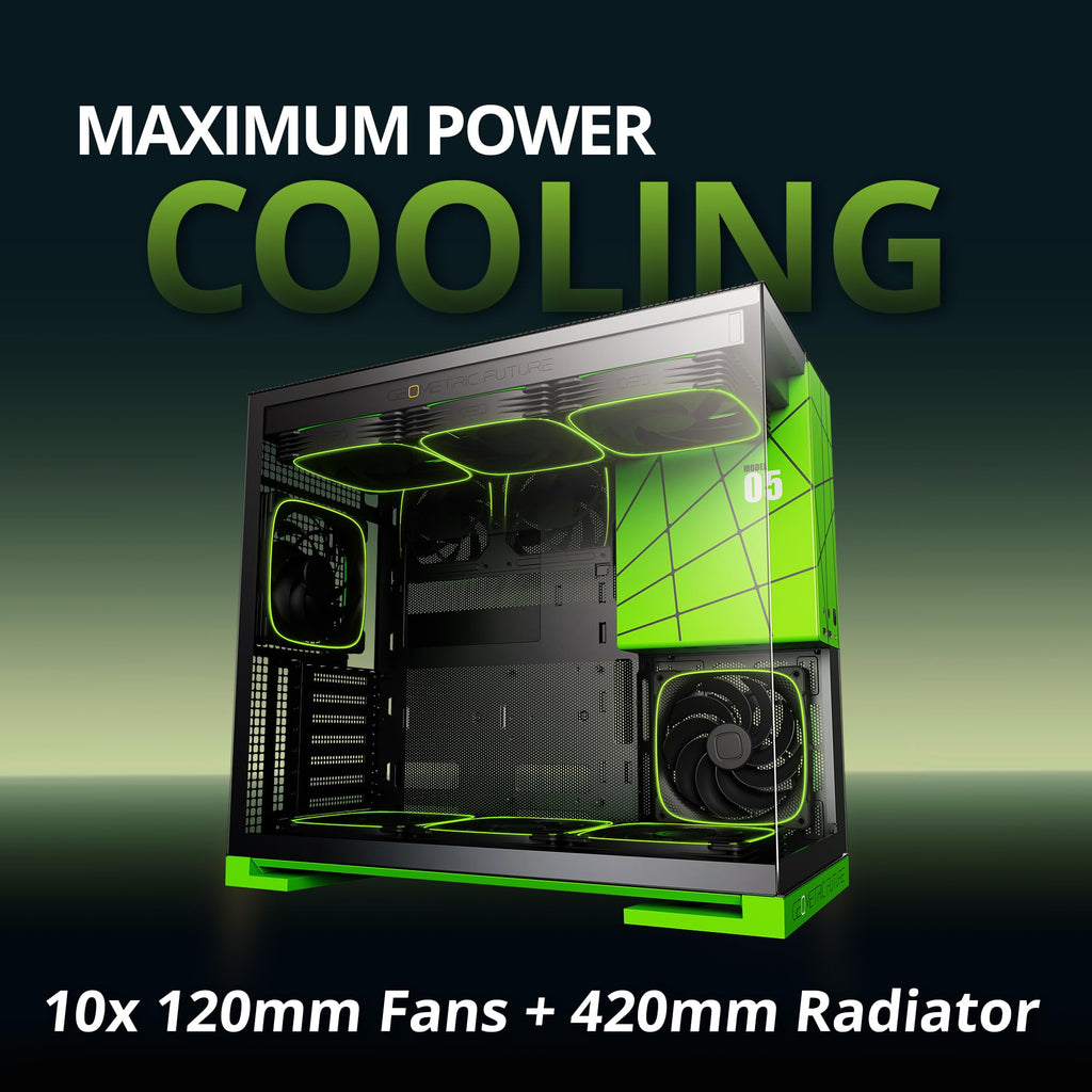 Geometric Future M5 Tempered Glass Mid Tower, E-ATX/ATX Gaming Case, 1.2mm Steel, Type C, Toolless Panels, Support 420/360 Radiator, ARGB PWM 140m Fan x 5 Pre-Installed, Black/Green, GEO-M5F-BNY